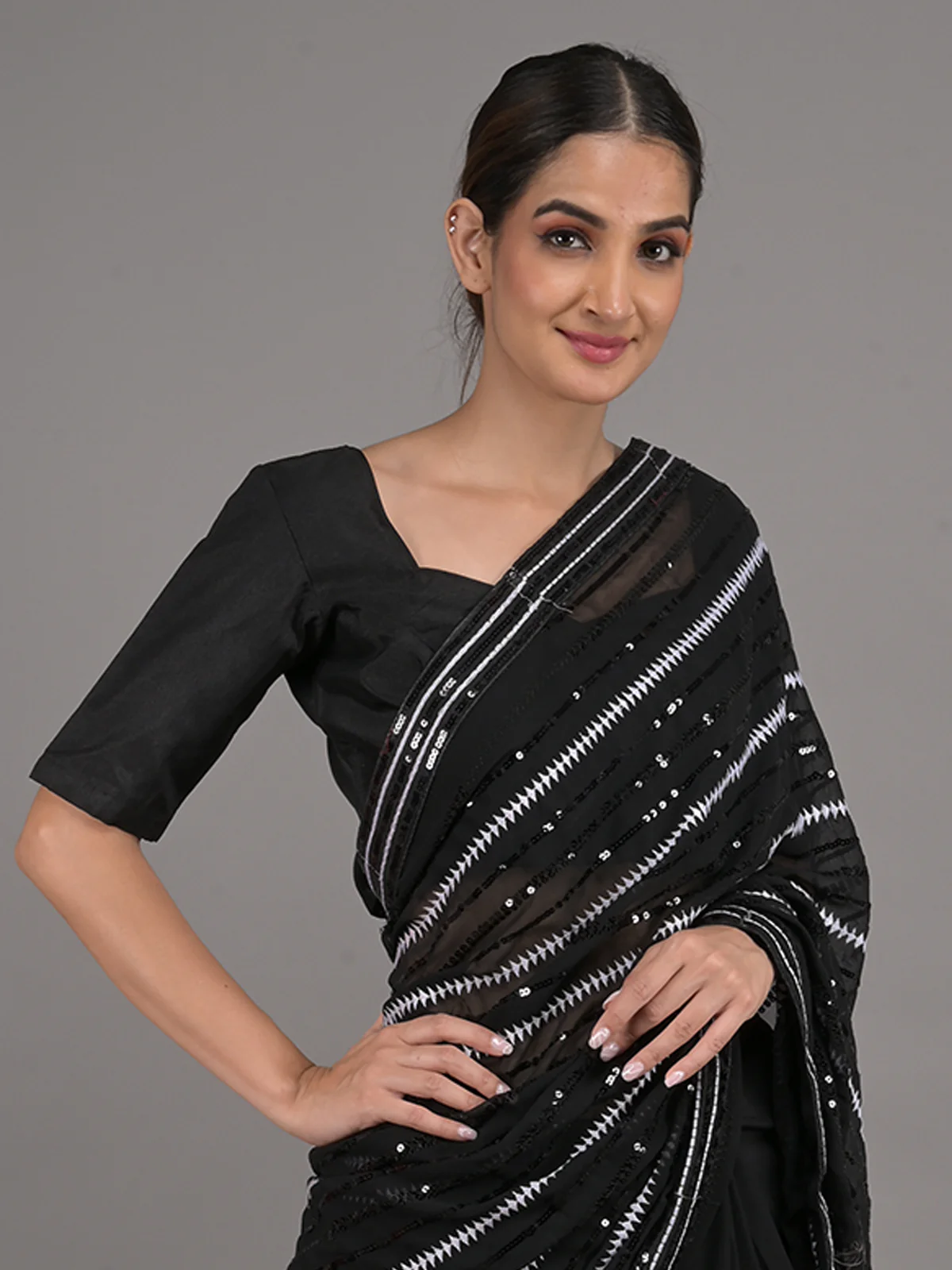 Odette Black and White Sequins Embroidered Georgette Saree with Unstitched Blouse for Women - Image 4