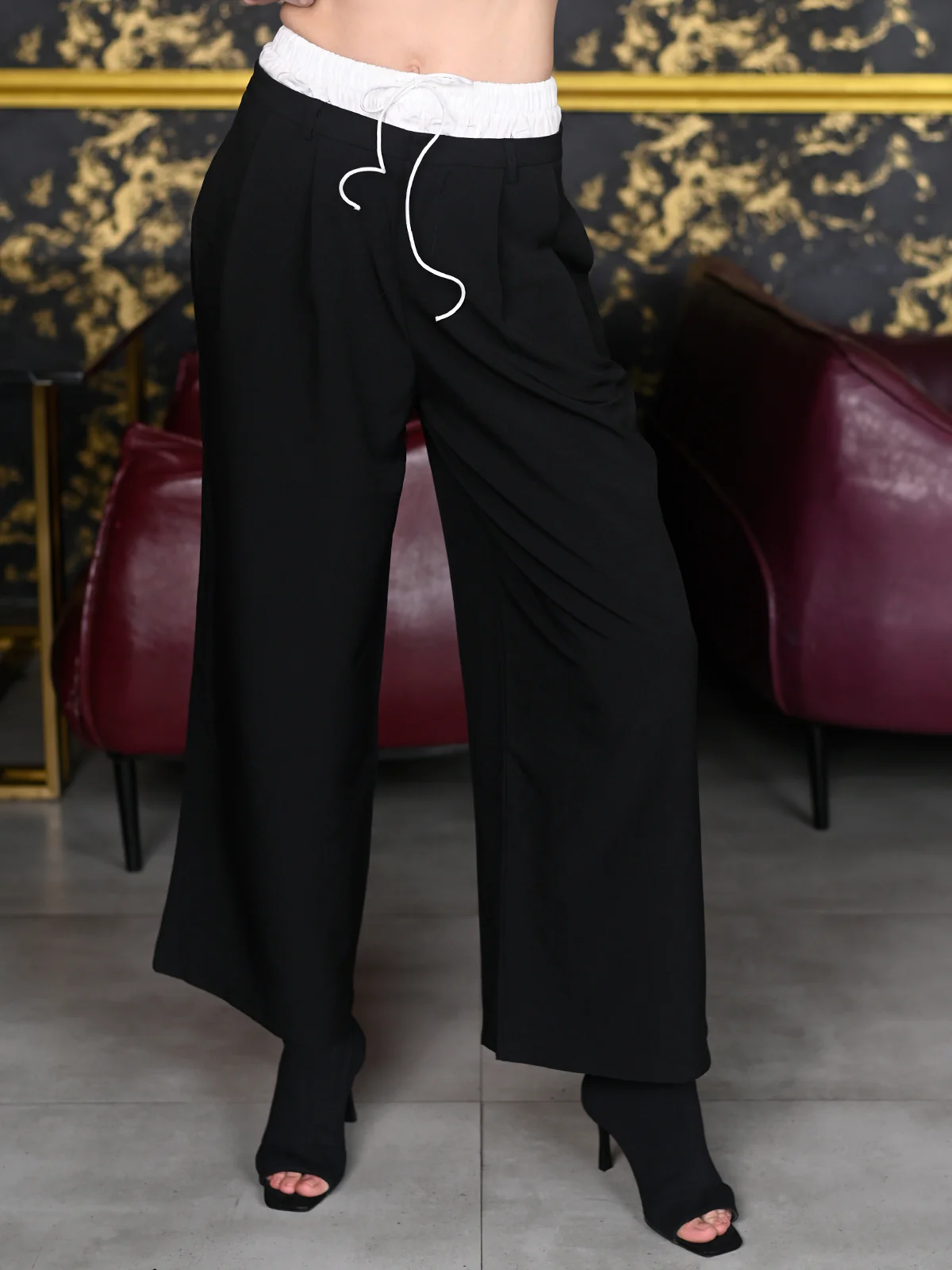 Odette Black And White Suede Fabric Solid Trousers for Women - Image 2