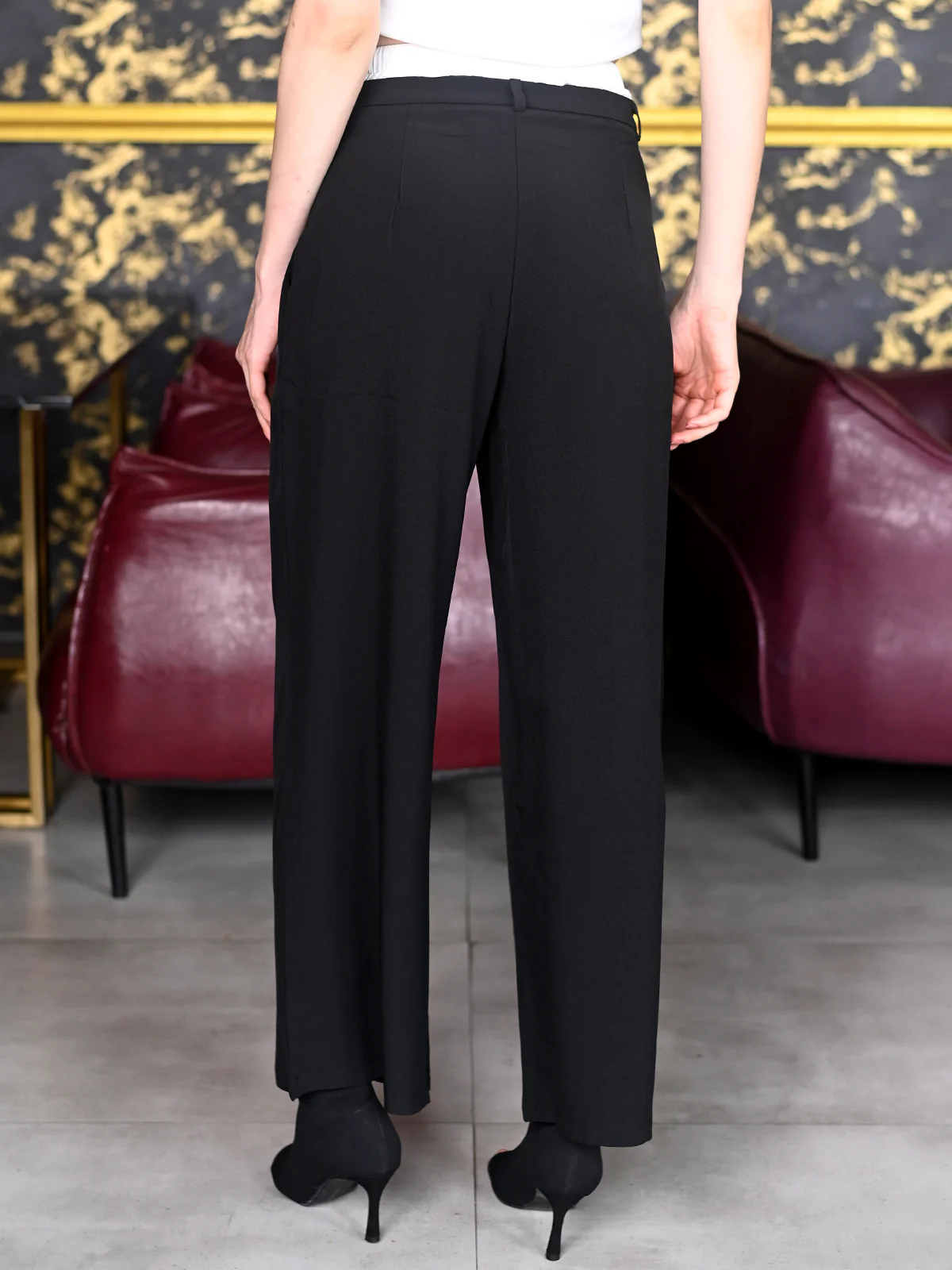 Odette Black And White Suede Fabric Solid Trousers for Women - Image 4