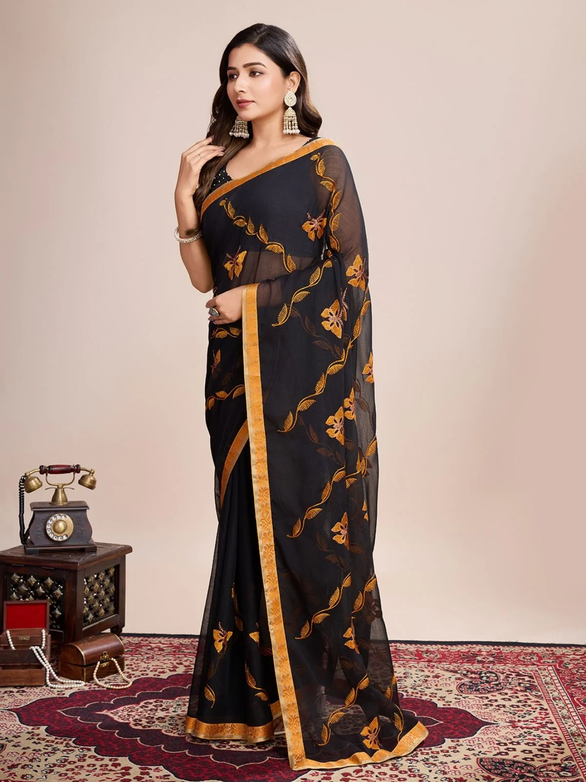 Odette Black And Yellow Georgette Embroidered Saree With Unstitched Blouse For Women - Image 2