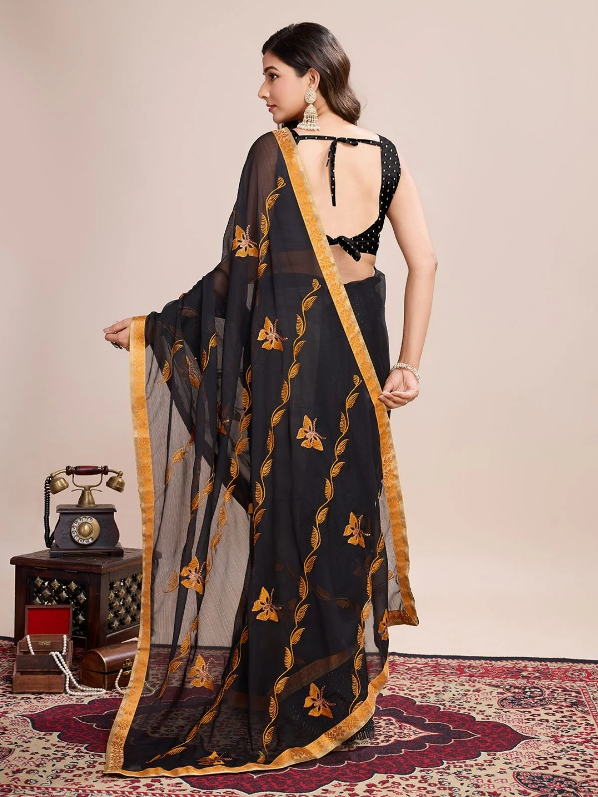 Odette Black And Yellow Georgette Embroidered Saree With Unstitched Blouse For Women - Image 3