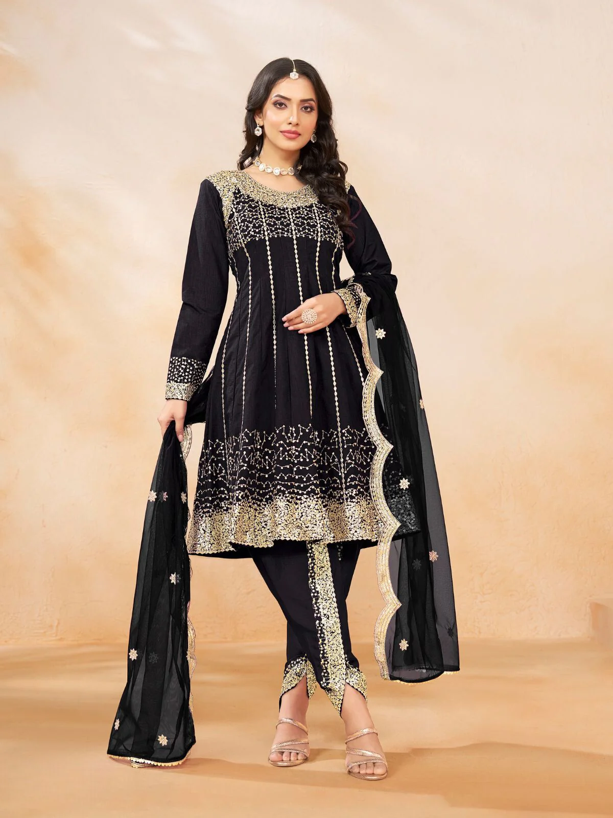 Odette Black Art Silk Embellished Semi Stitched Kurta Set For Women - Image 2