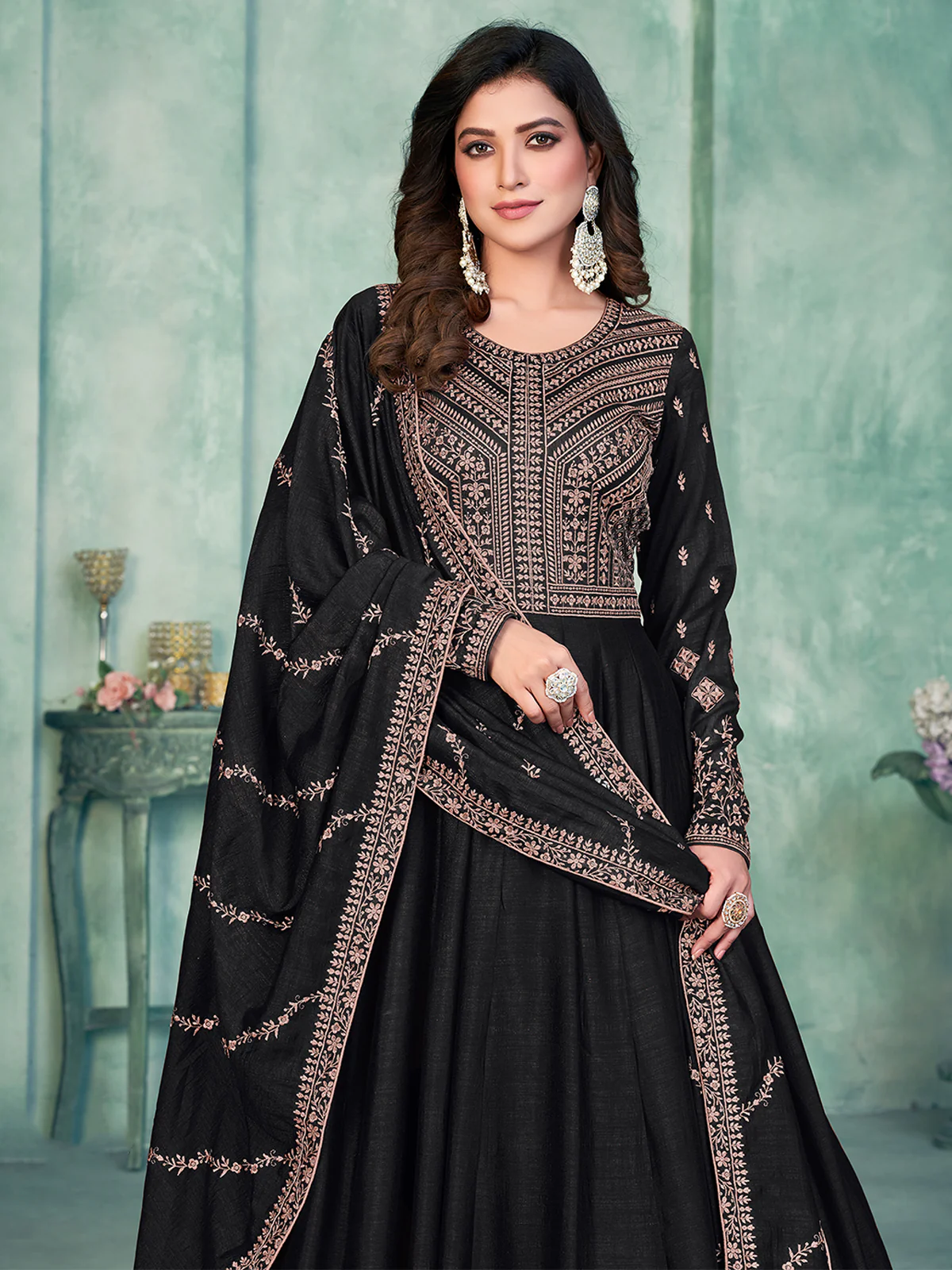 Odette Black Art Silk Embroidered Semi stitched Kurta Set with Inner For Women - Image 4