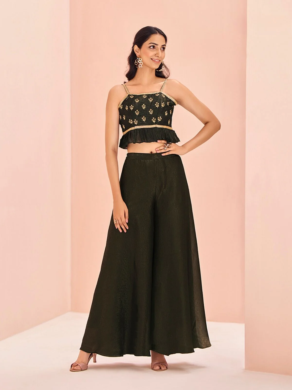 Odette Black Art Silk Embroidered Stitched Co-Ord Set For Women