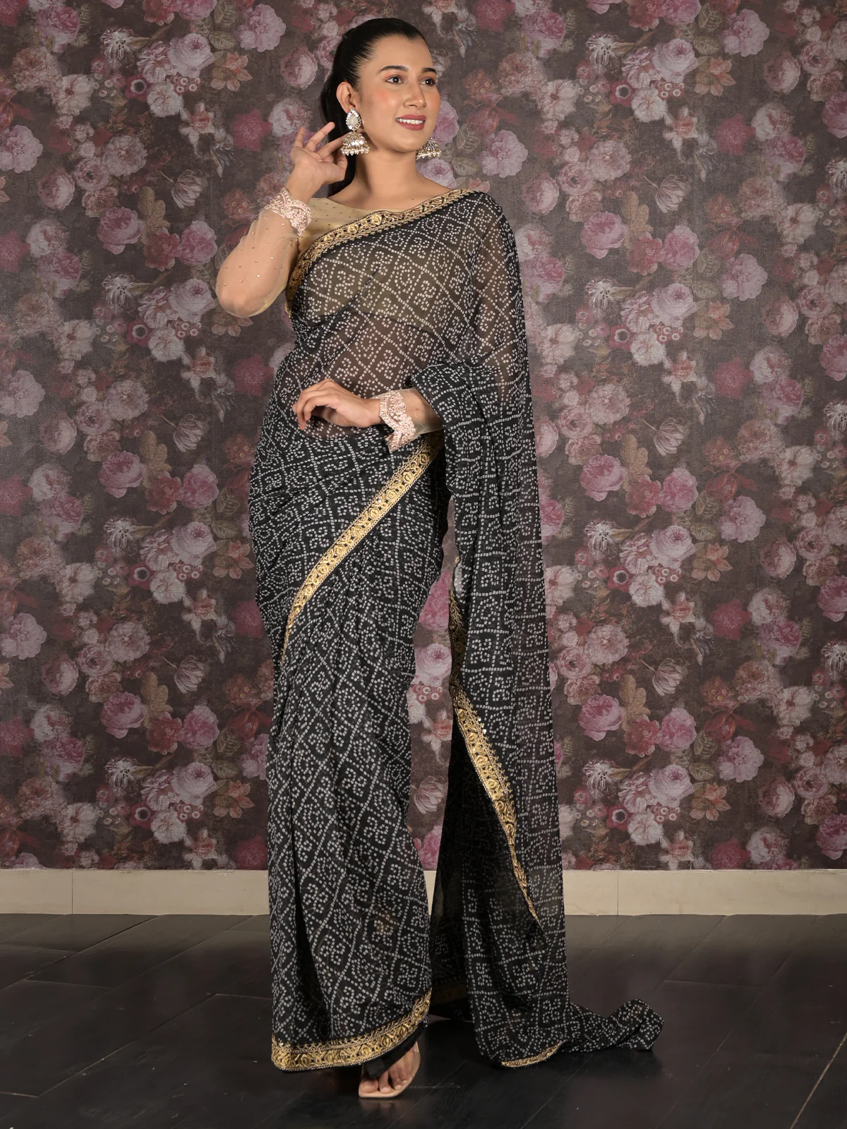 Odette Black Bandhani Printed Embroidered Saree with Unstitched Blouse for Women - Image 2
