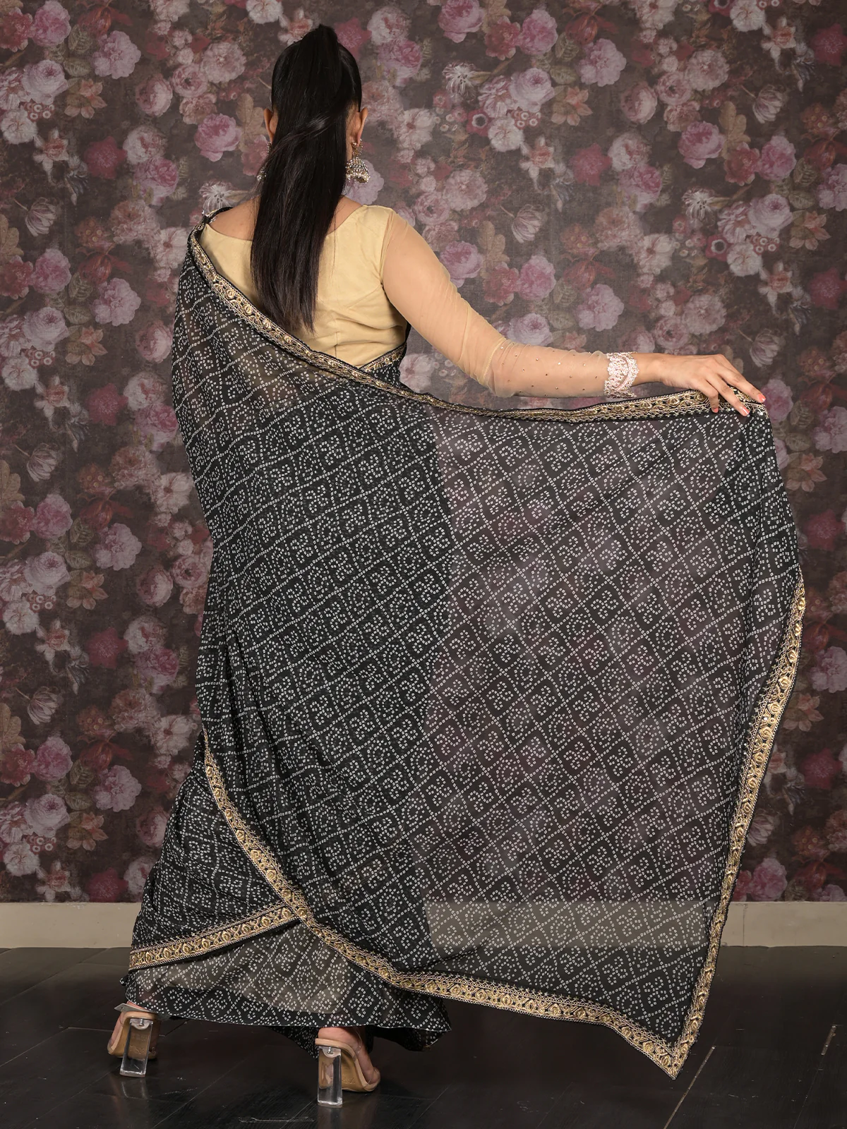 Odette Black Bandhani Printed Embroidered Saree with Unstitched Blouse for Women - Image 4