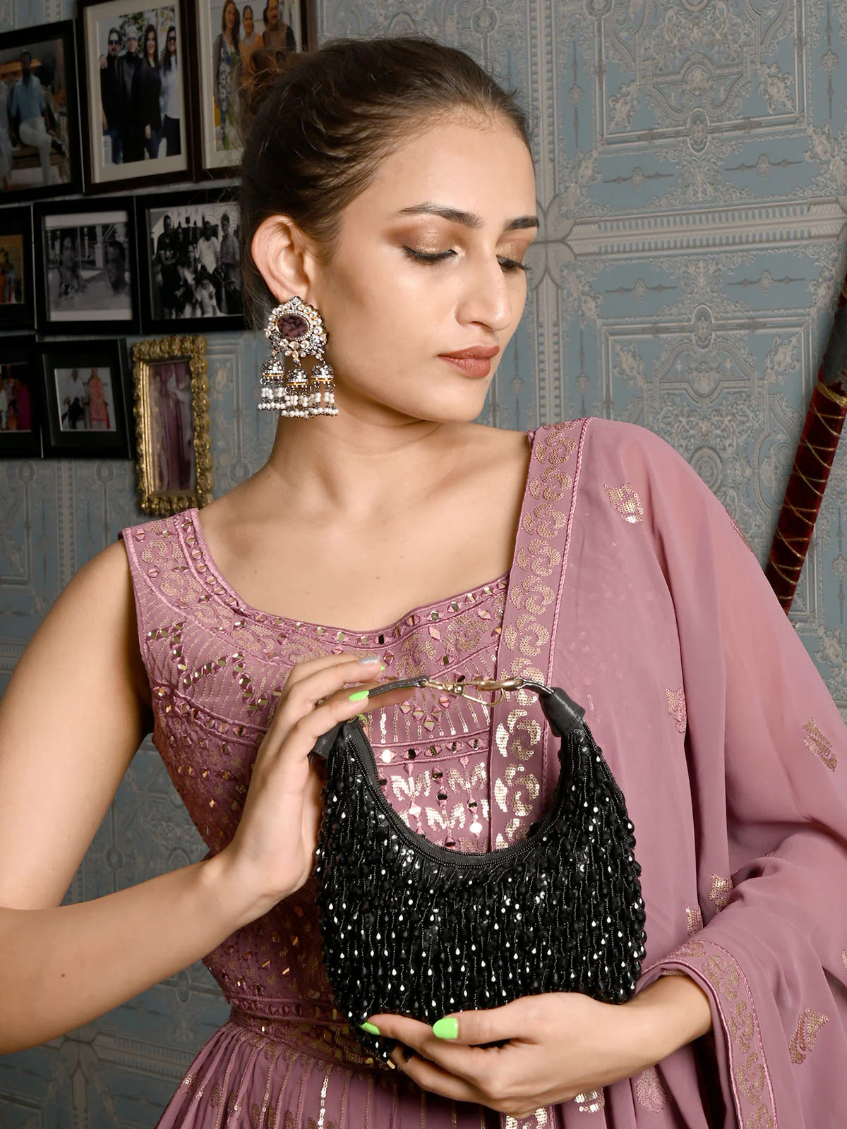 Odette Black Beaded Moon Clutch For Women - Image 2