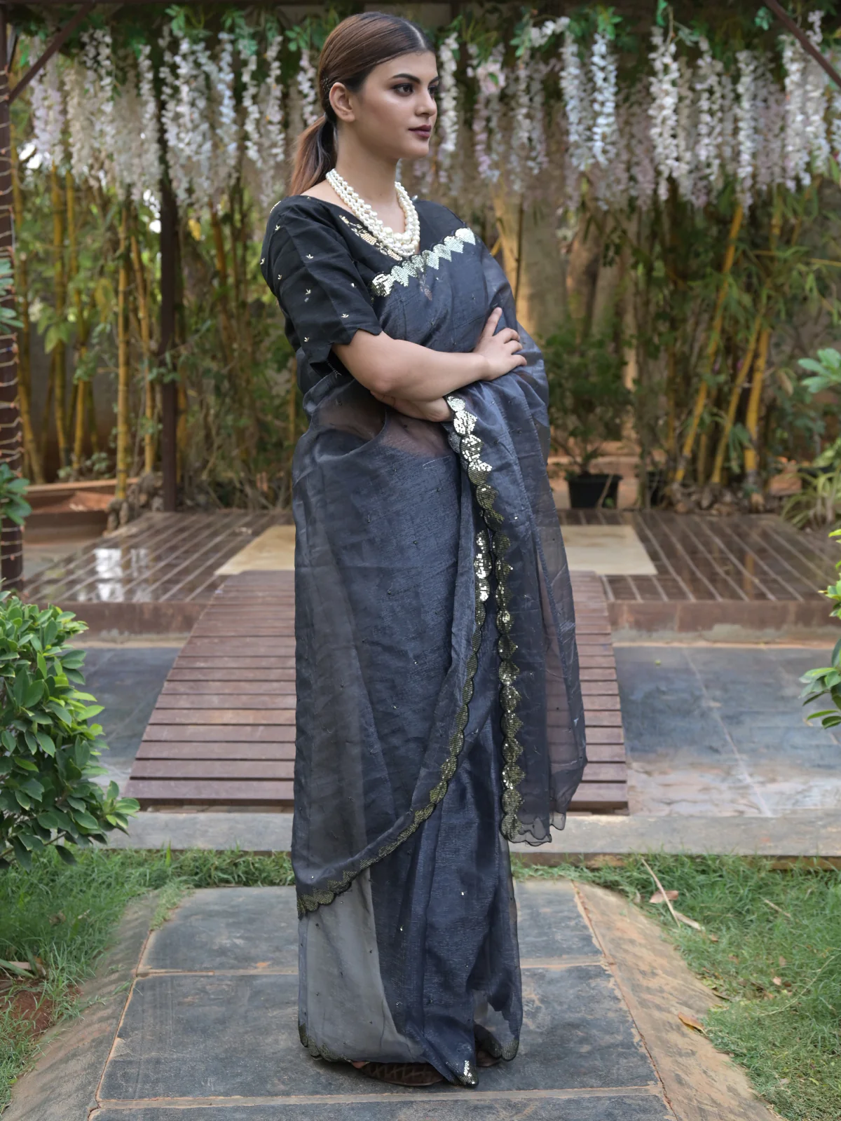 Odette Black Beads Embroidered Organza Saree with Unstitched Blouse for Women - Image 2