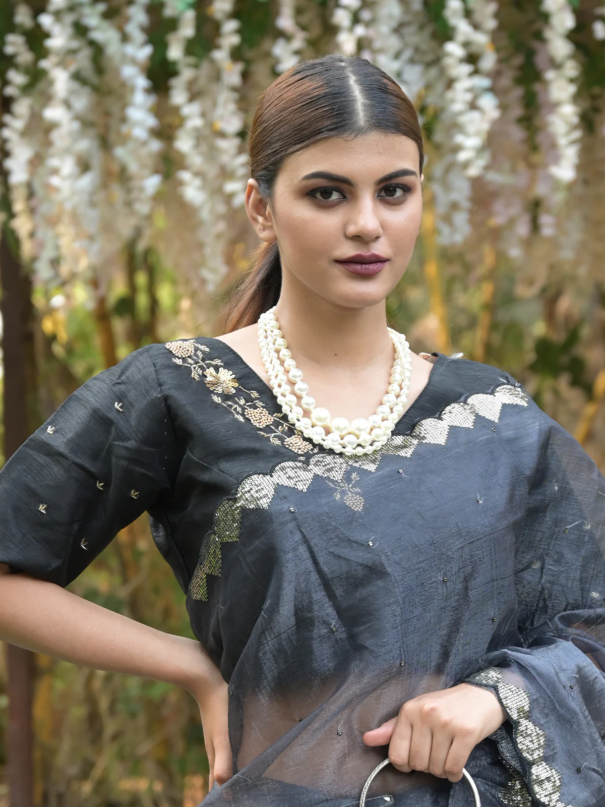 Odette Black Beads Embroidered Organza Saree with Unstitched Blouse for Women - Image 4