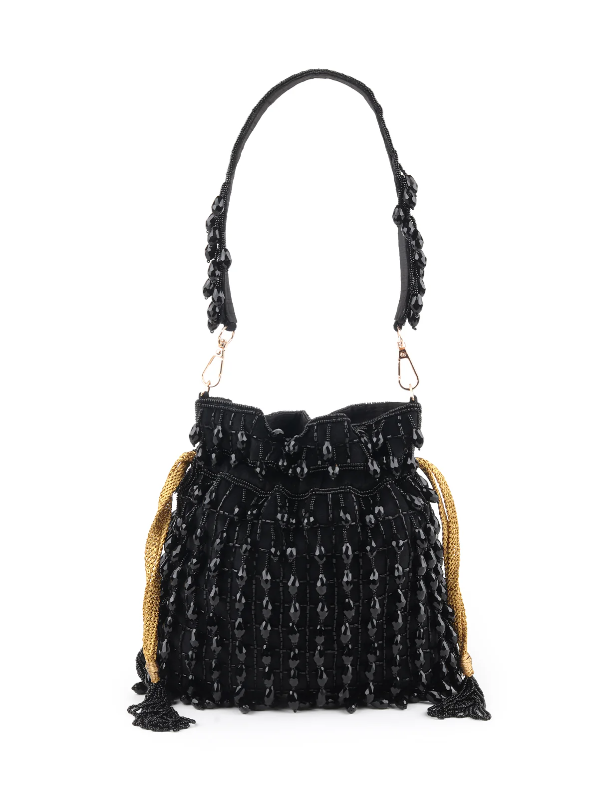 Odette Black Beads Embroidered Tassels Potli Bag for Women - Image 3