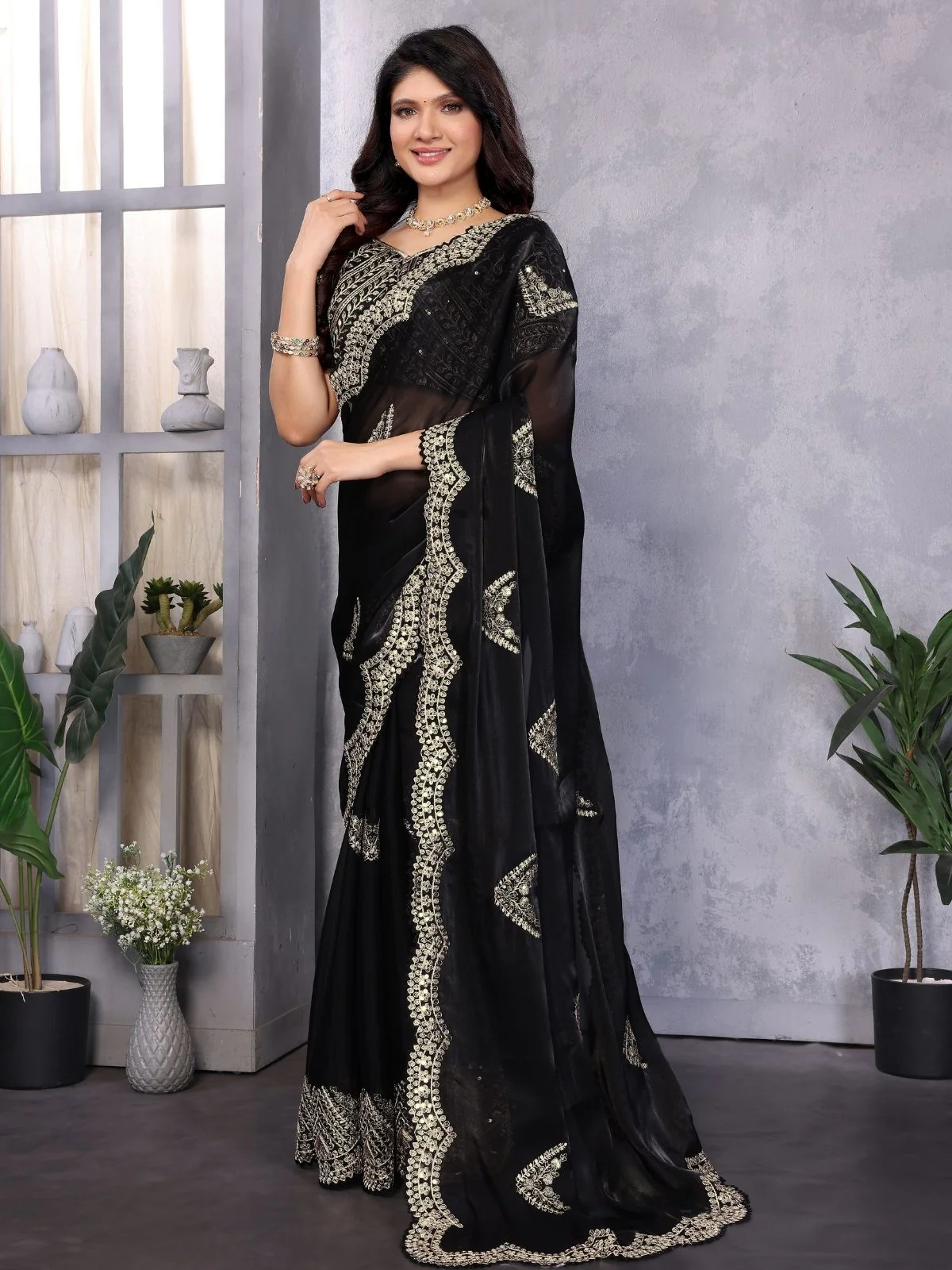 Odette Black Chiffon Embroidered Saree For Women - Image 2