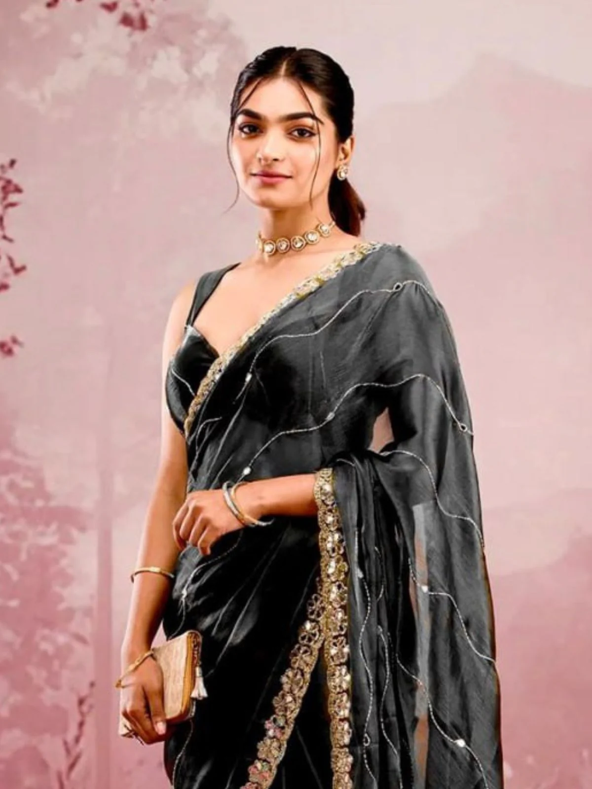 Odette Black Chiffon Embroidered Saree For Women - Image 2
