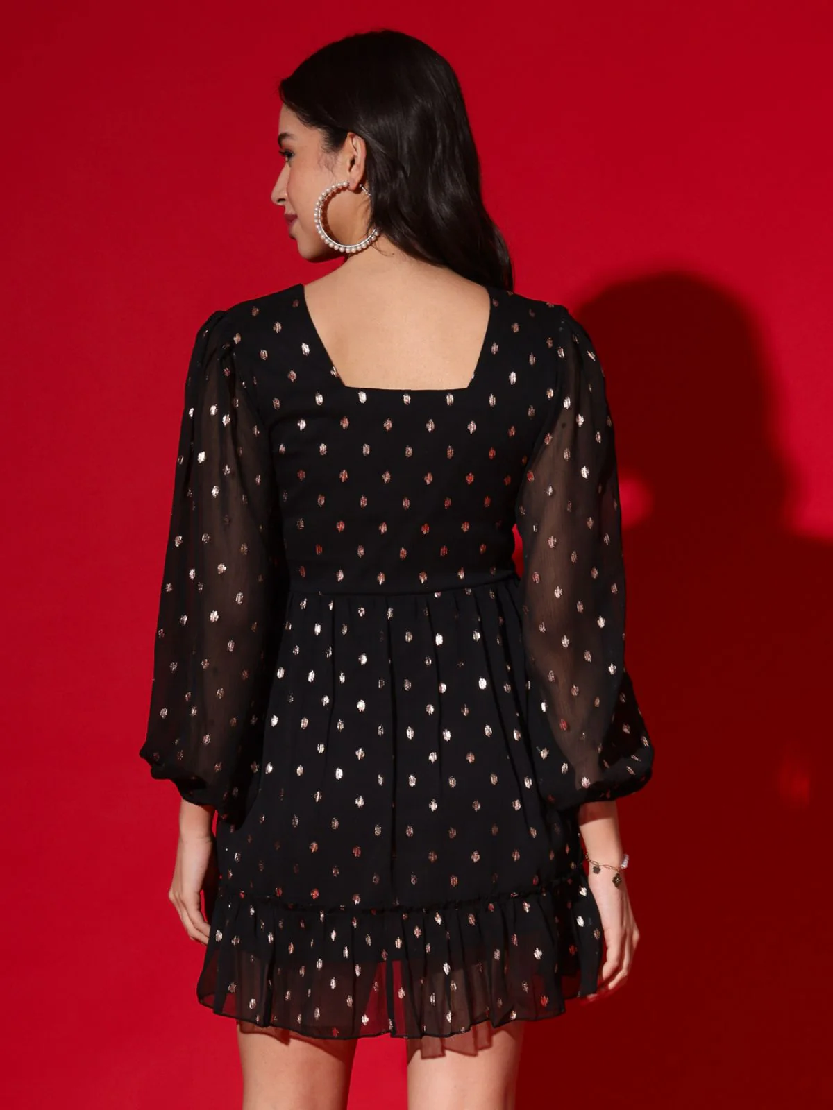 Odette Black Chiffon Foil Printed Stitched Dress For Women - Image 5