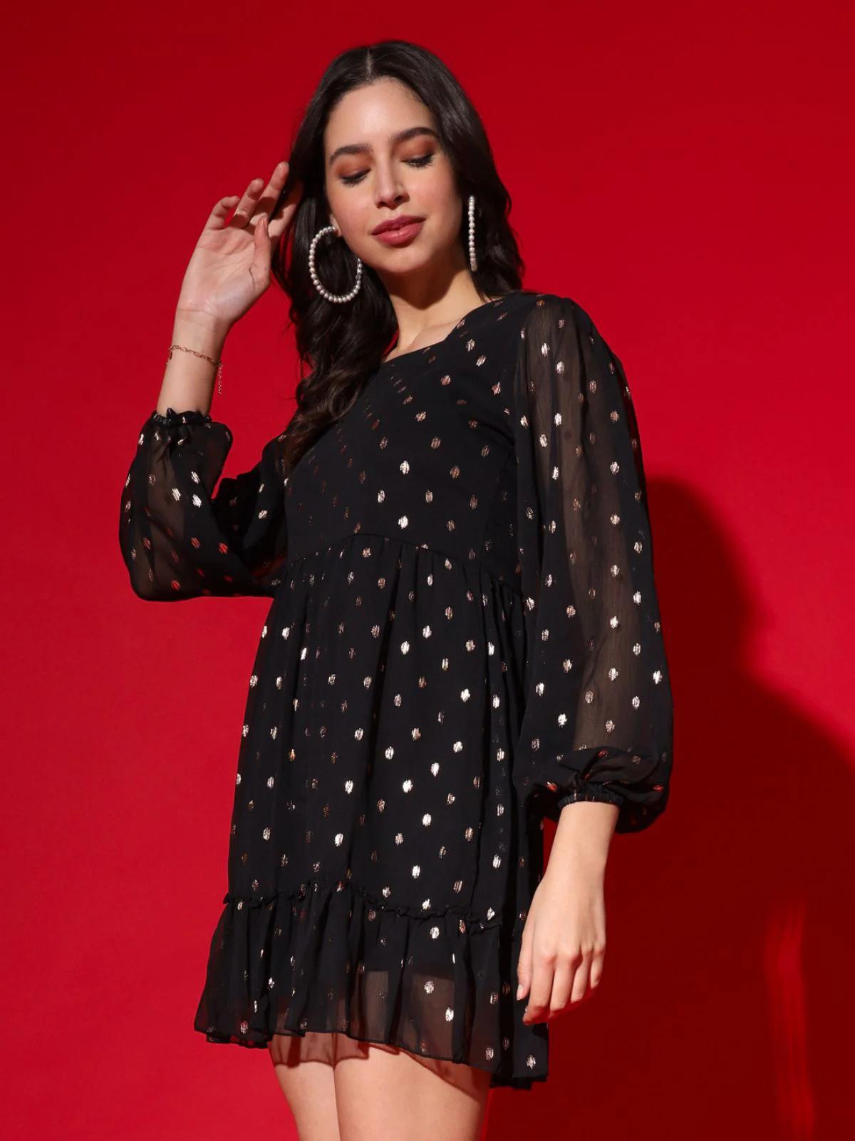 Odette Black Chiffon Foil Printed Stitched Dress For Women - Image 6