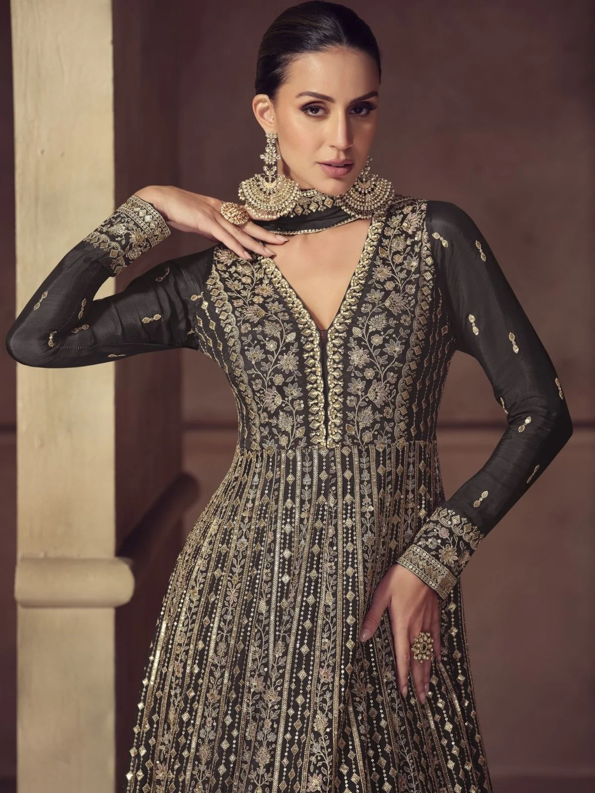 Odette Black Chinon Embellished Semi Stitched Kurta Set For Women - Image 2