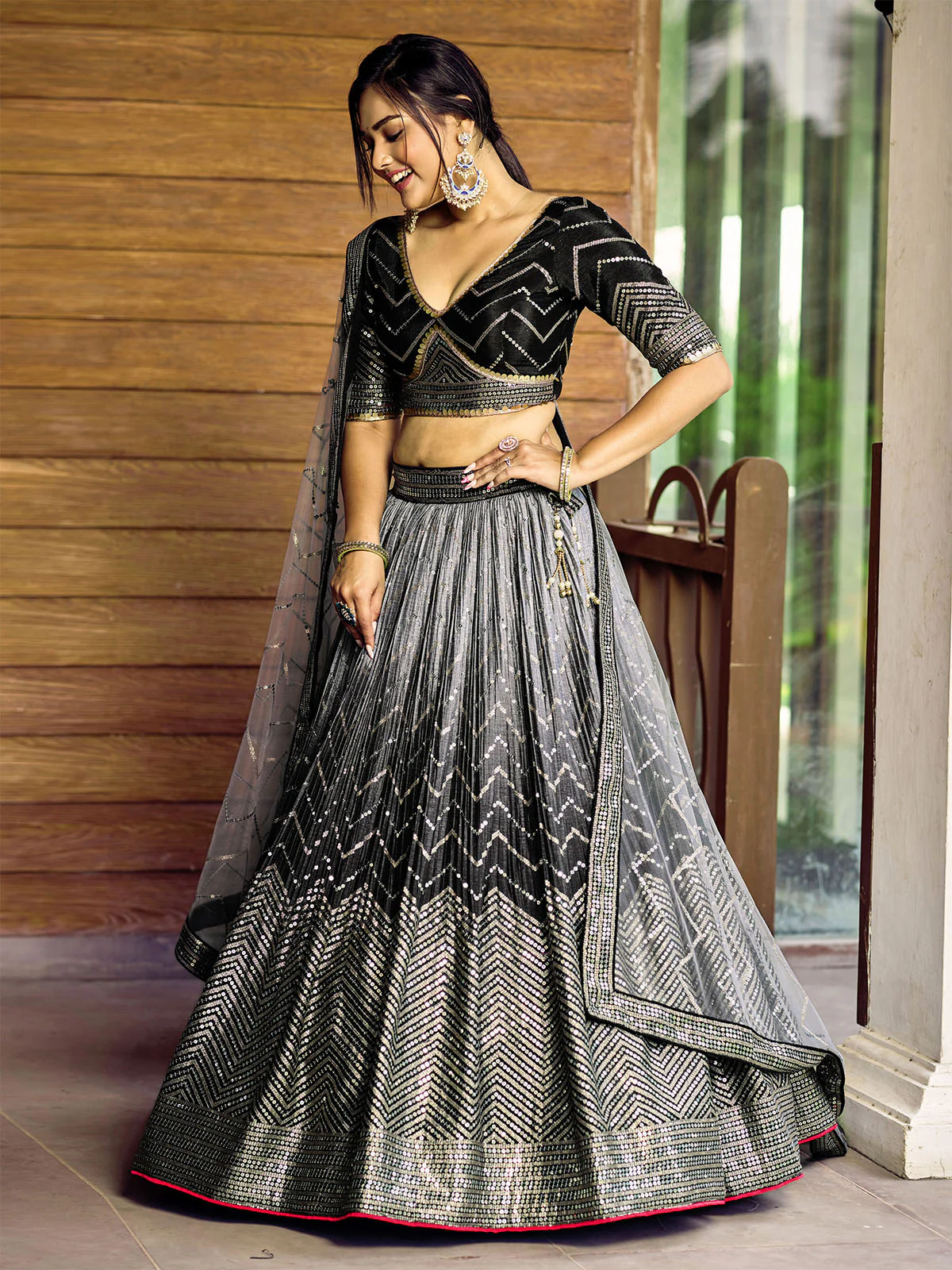 Odette Black Chinon Embellished Semi Stitched Lehenga With Unstitched Blouse For Women - Image 2