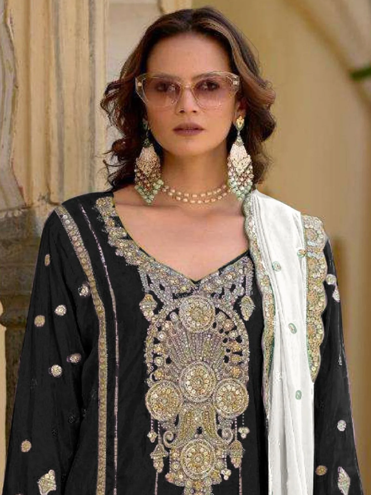 Odette Black Chinon Embroidered Semi-Sitched Kurta Set For Women - Image 2