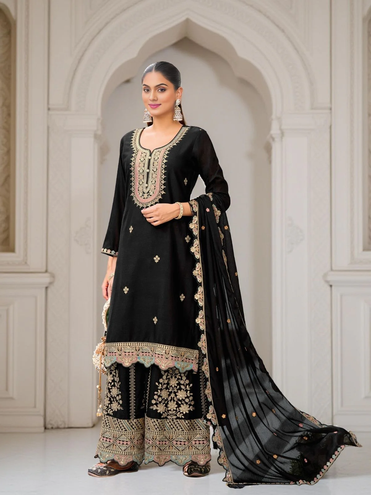 Odette Black Chinon Embroidered Stitched Kurta Set For Women - Image 2