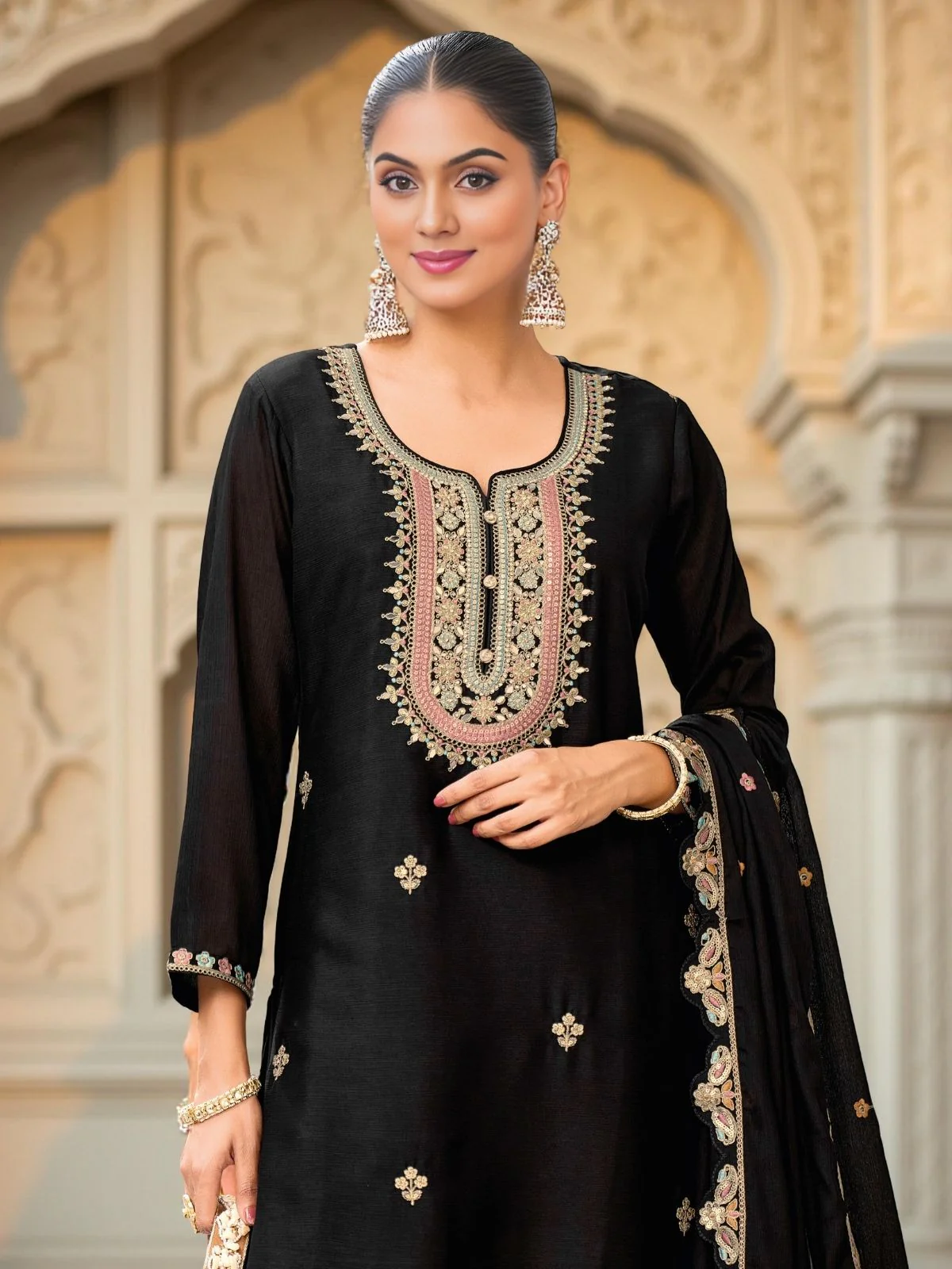 Odette Black Chinon Embroidered Stitched Kurta Set For Women - Image 3