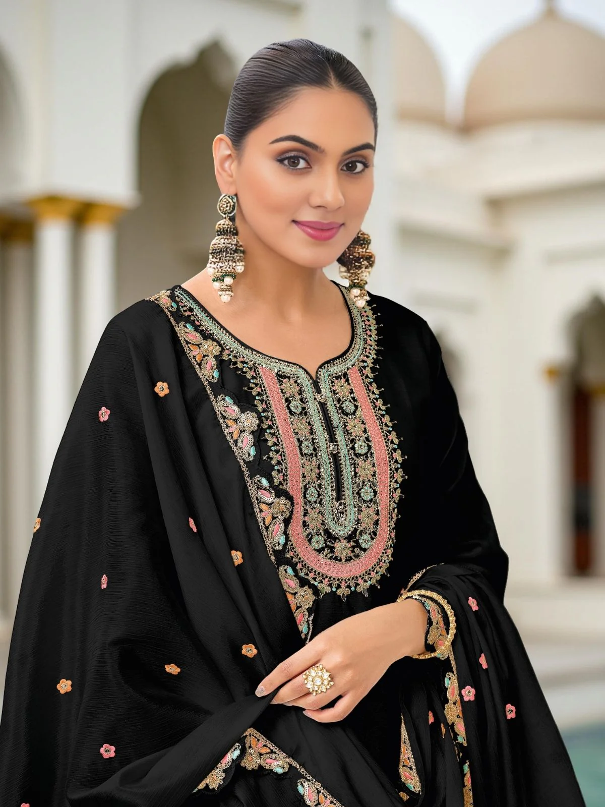 Odette Black Chinon Embroidered Stitched Kurta Set For Women - Image 4
