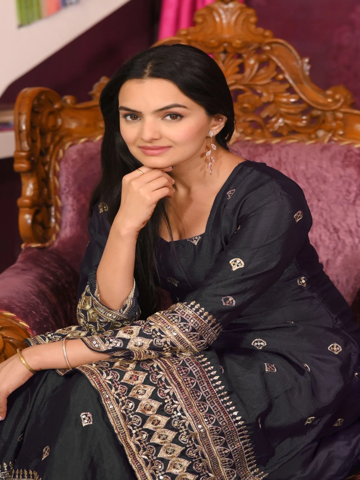 Odette Black Chinon Embroidered Stitched Kurta Set For Women - Image 3