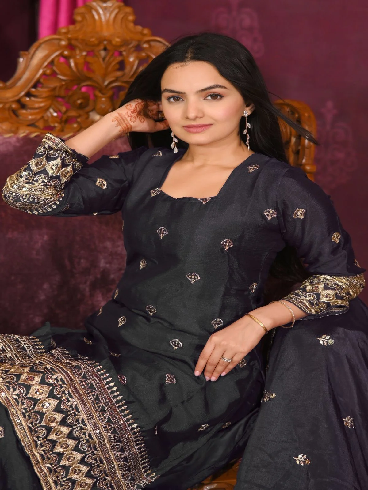 Odette Black Chinon Embroidered Stitched Kurta Set For Women - Image 4
