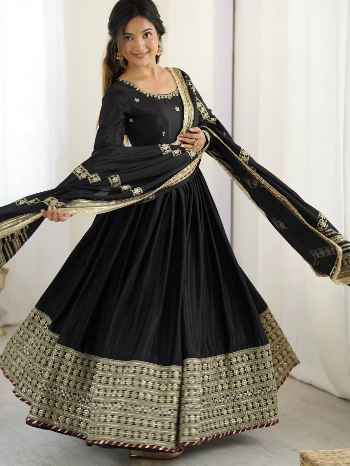 Odette Black Chinon Silk Embroidered Stitched Kurta Set For Women - Image 2