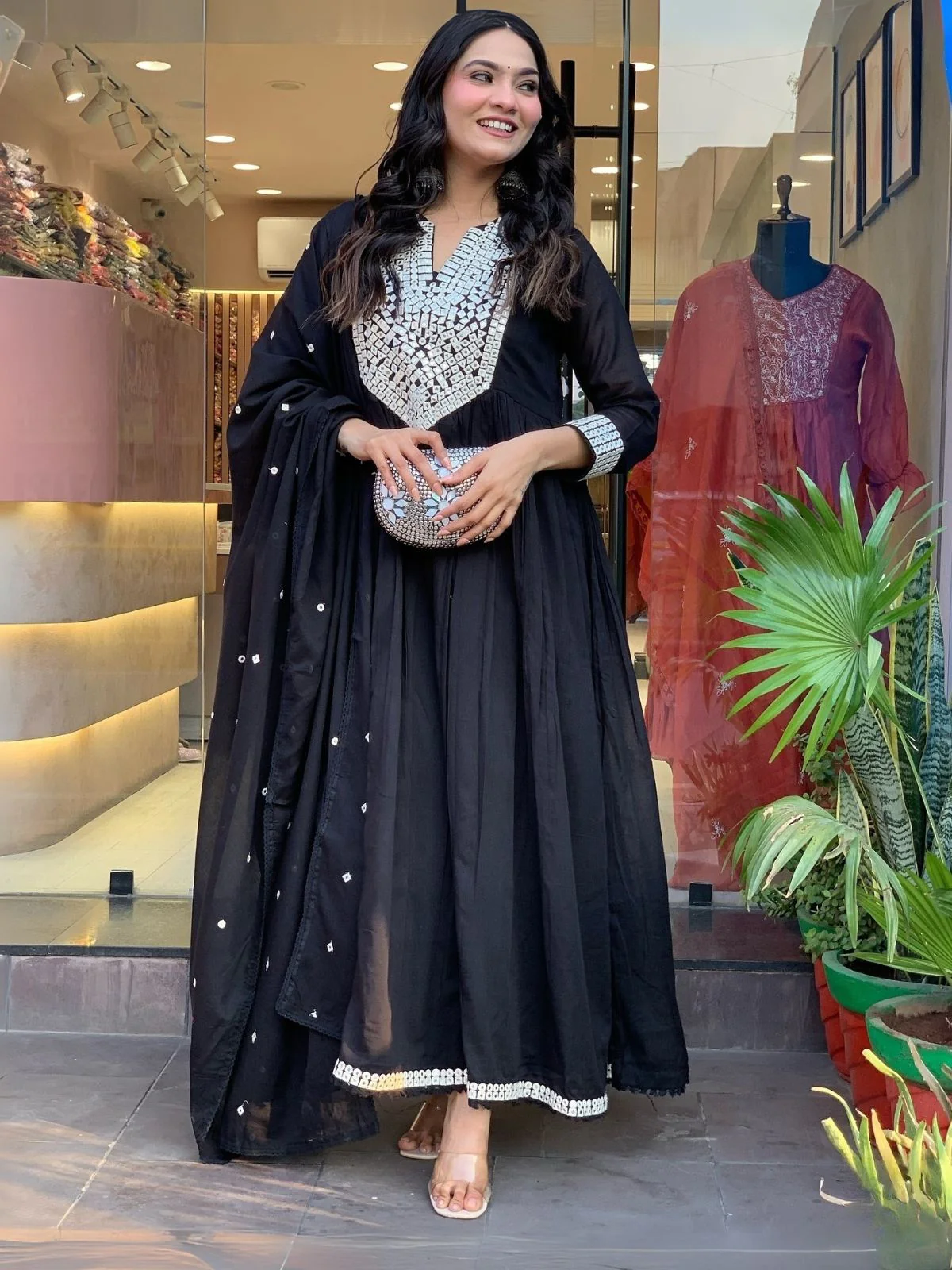 Odette Black Cotton Blend Embroidered Kurta Set For Women