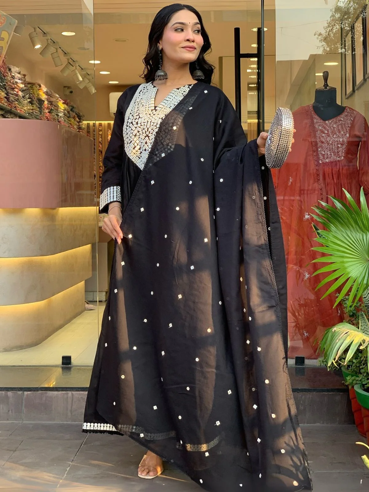 Odette Black Cotton Blend Embroidered Kurta Set For Women - Image 5