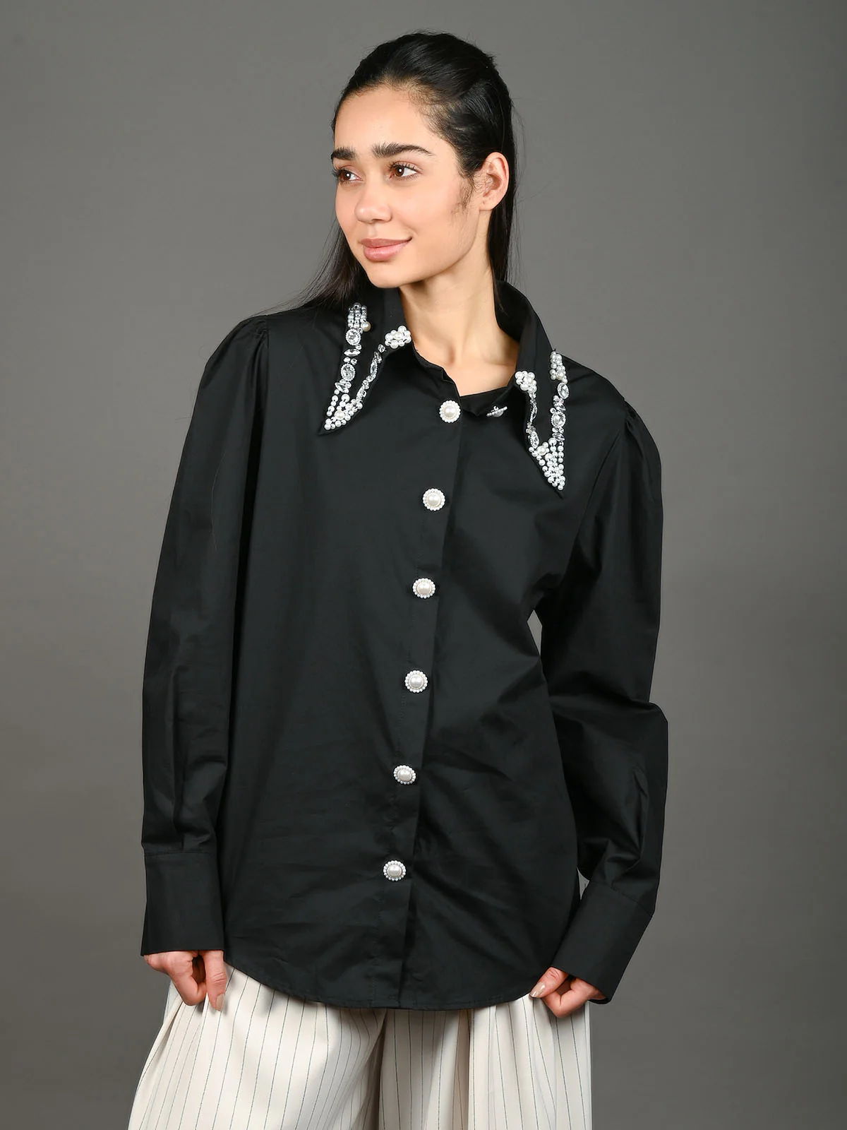 Odette Black Cotton Blend Embellished Shirt For Women - Image 2