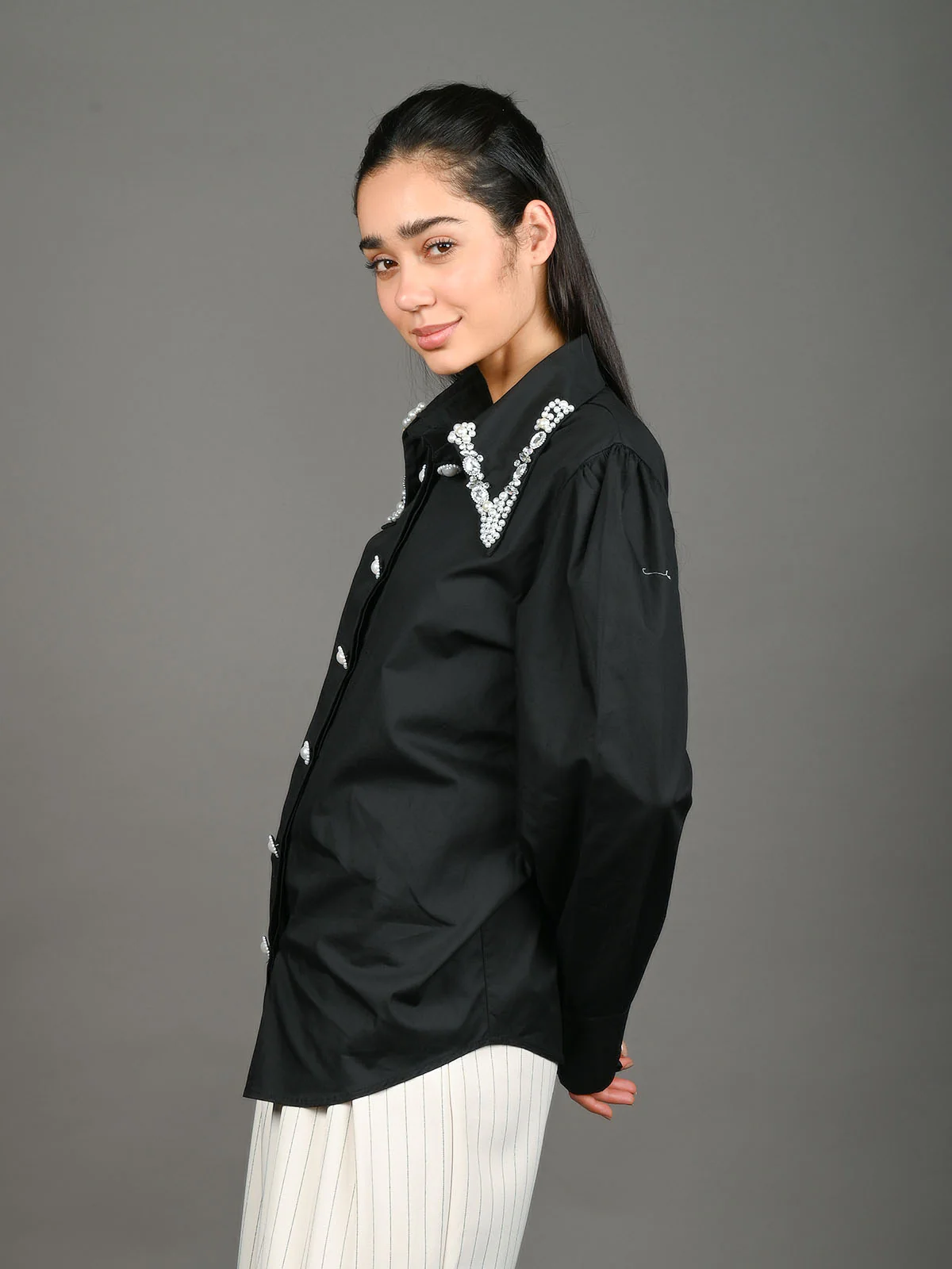 Odette Black Cotton Blend Embellished Shirt For Women - Image 3