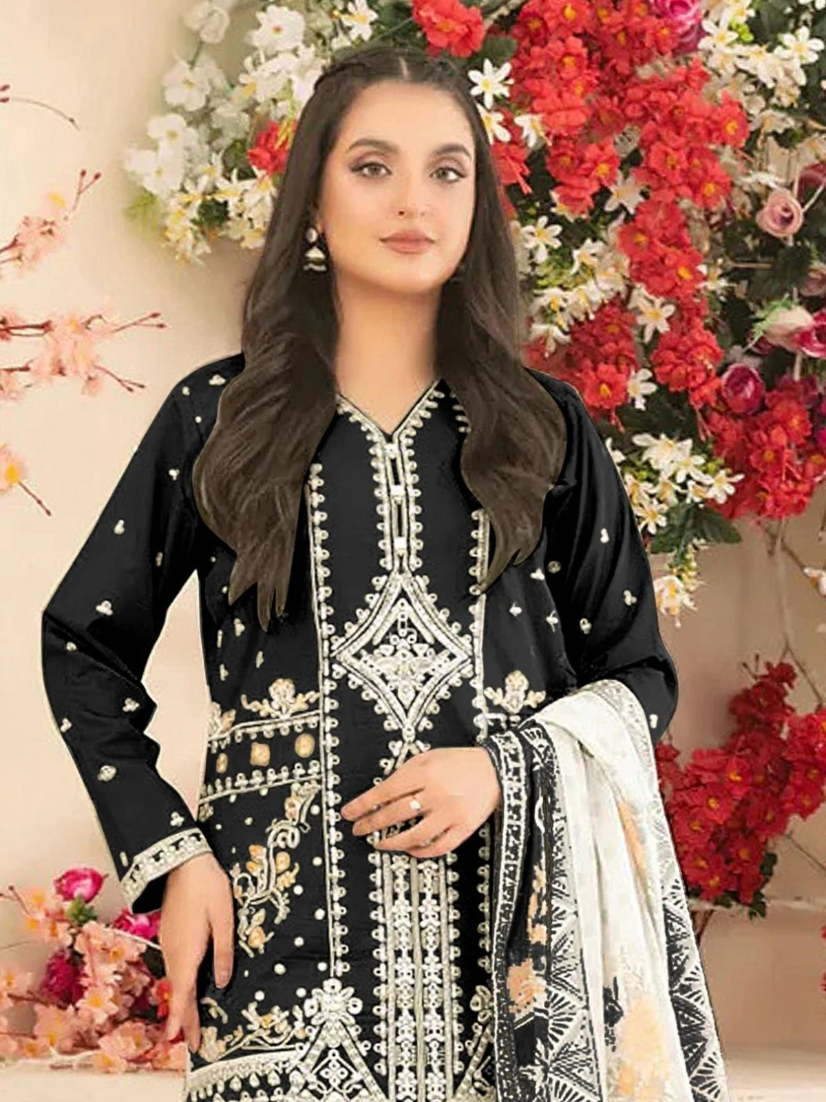 Odette Black Cotton Blend Embroidered Semi Stitched Kurta Set For Women - Image 2