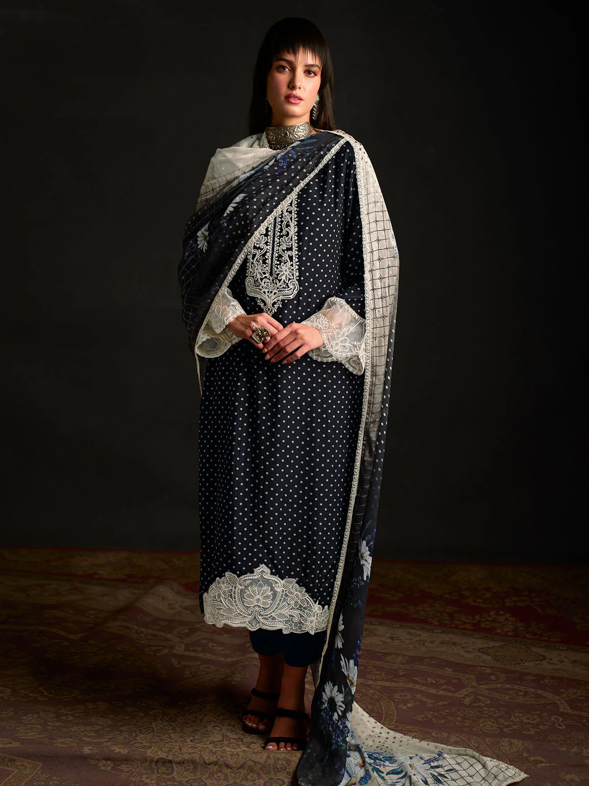 Odette Black Cotton Blend Embroidered Semi-Stitched Kurta Set For Women