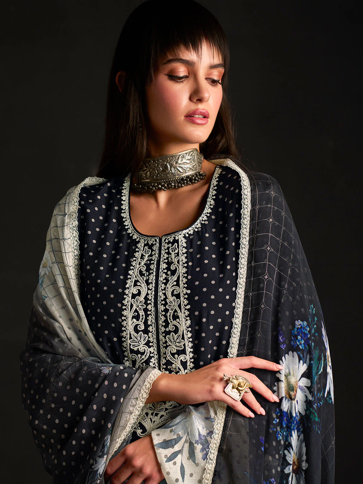 Odette Black Cotton Blend Embroidered Semi-Stitched Kurta Set For Women - Image 5