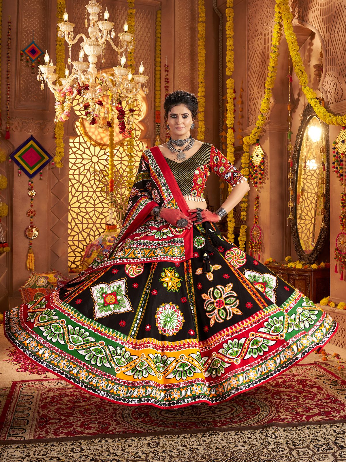 Odette Black Cotton Blend Embroidered Semi-Stitched lehenga For Women - Image 2