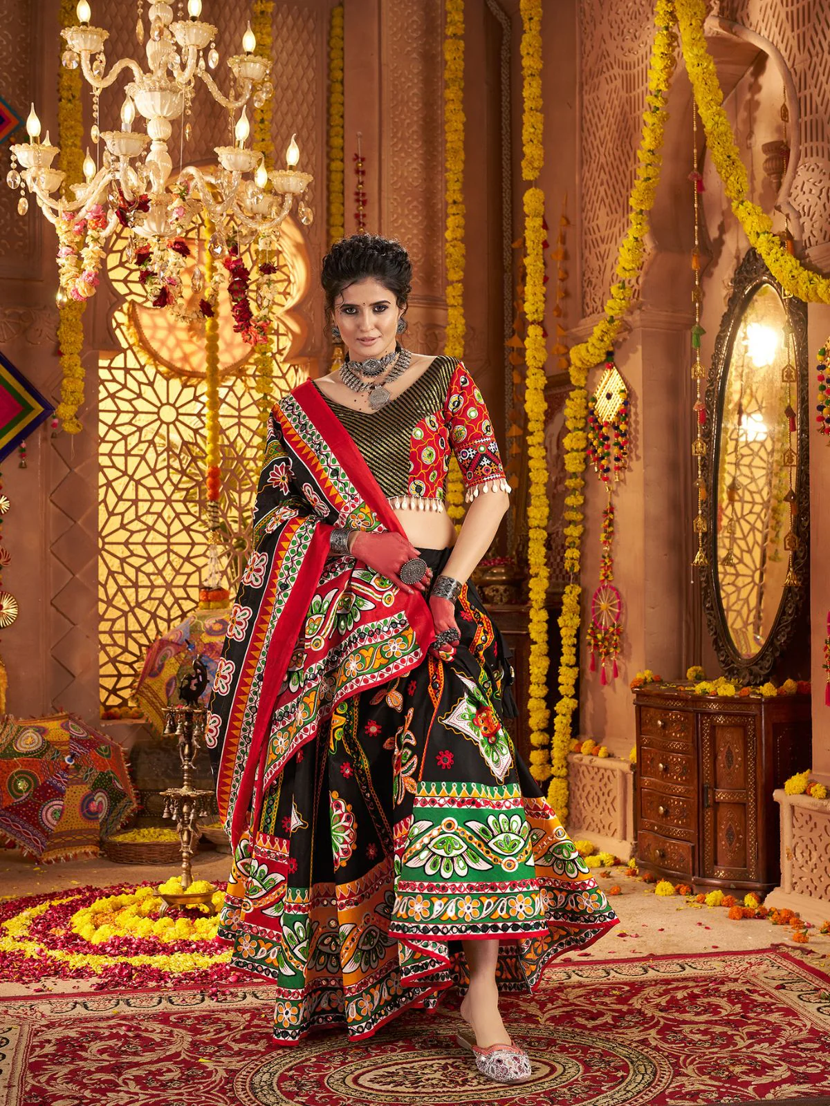Odette Black Cotton Blend Embroidered Semi-Stitched lehenga For Women - Image 3