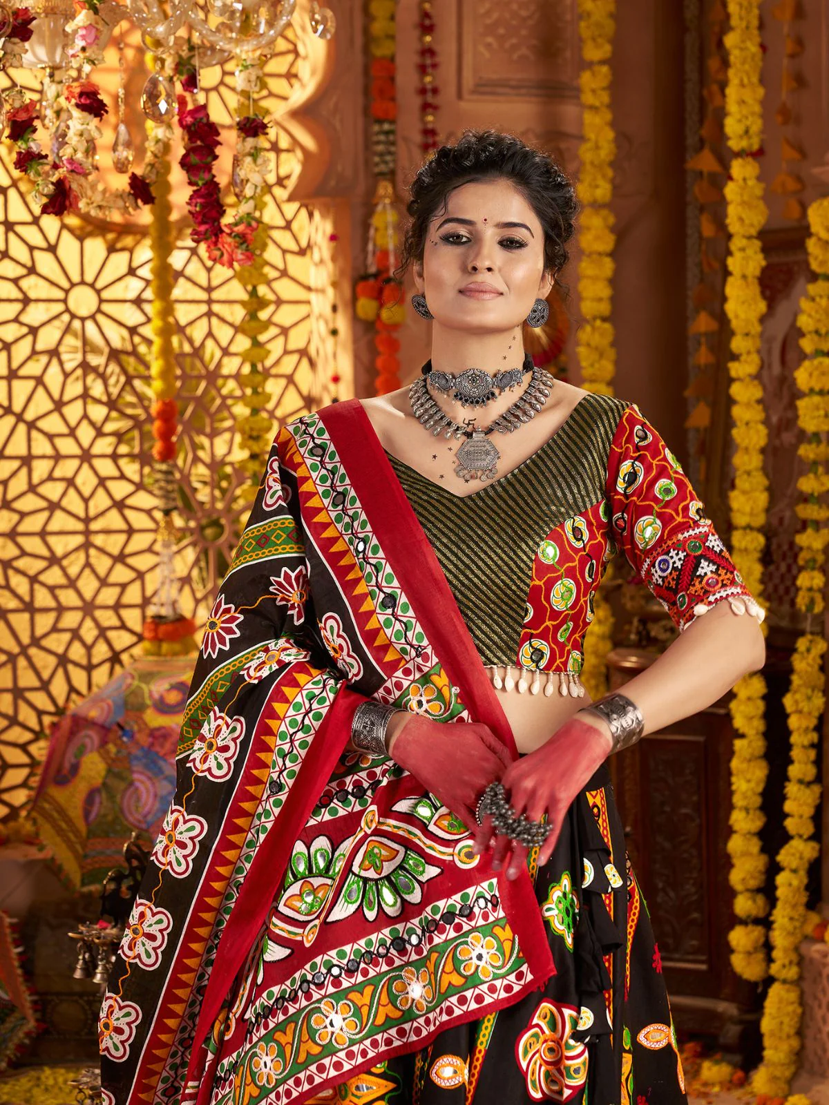 Odette Black Cotton Blend Embroidered Semi-Stitched lehenga For Women - Image 5