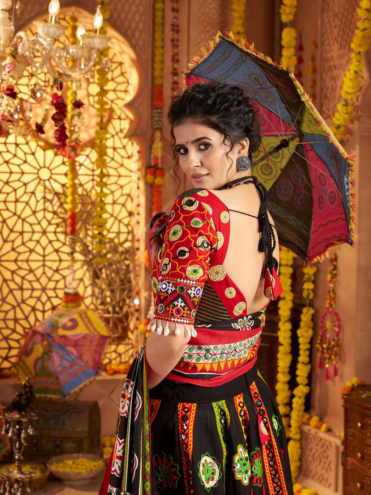 Odette Black Cotton Blend Embroidered Semi-Stitched lehenga For Women - Image 6