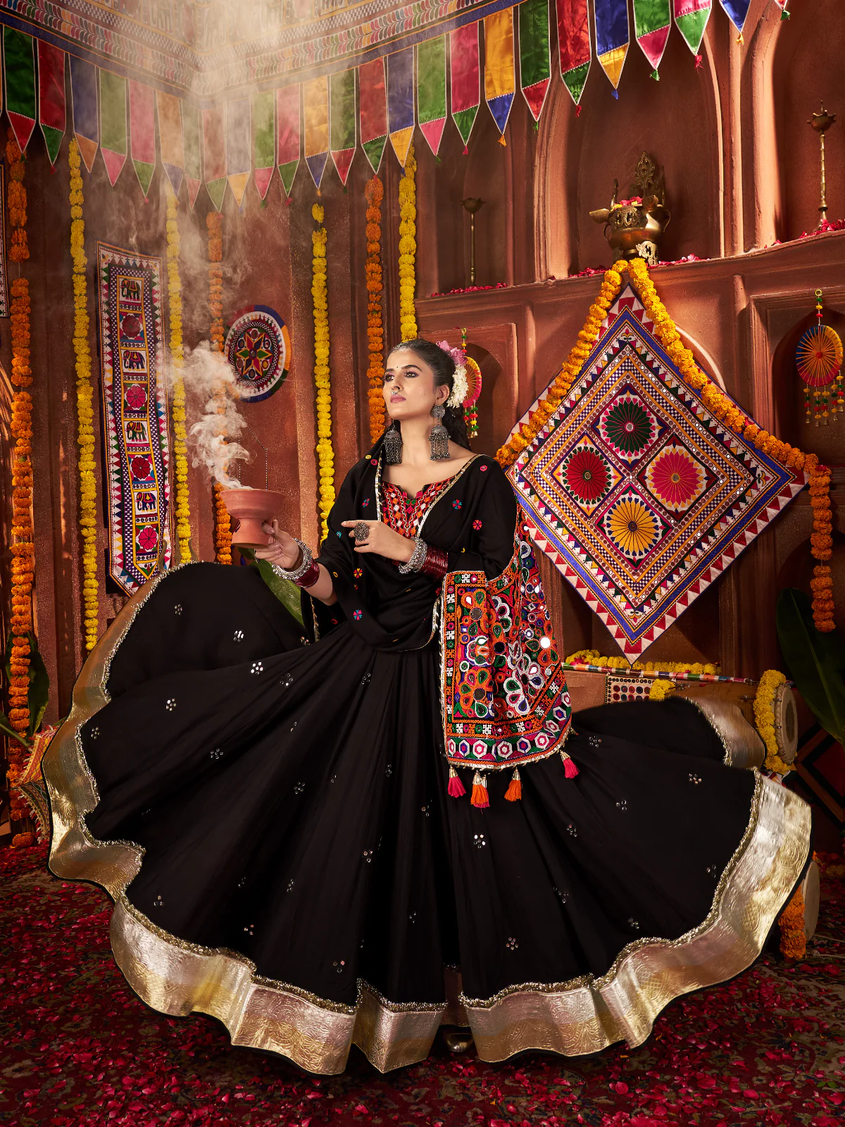 Odette Black Cotton Blend Embroidered Semi-Stitched lehenga For Women - Image 3