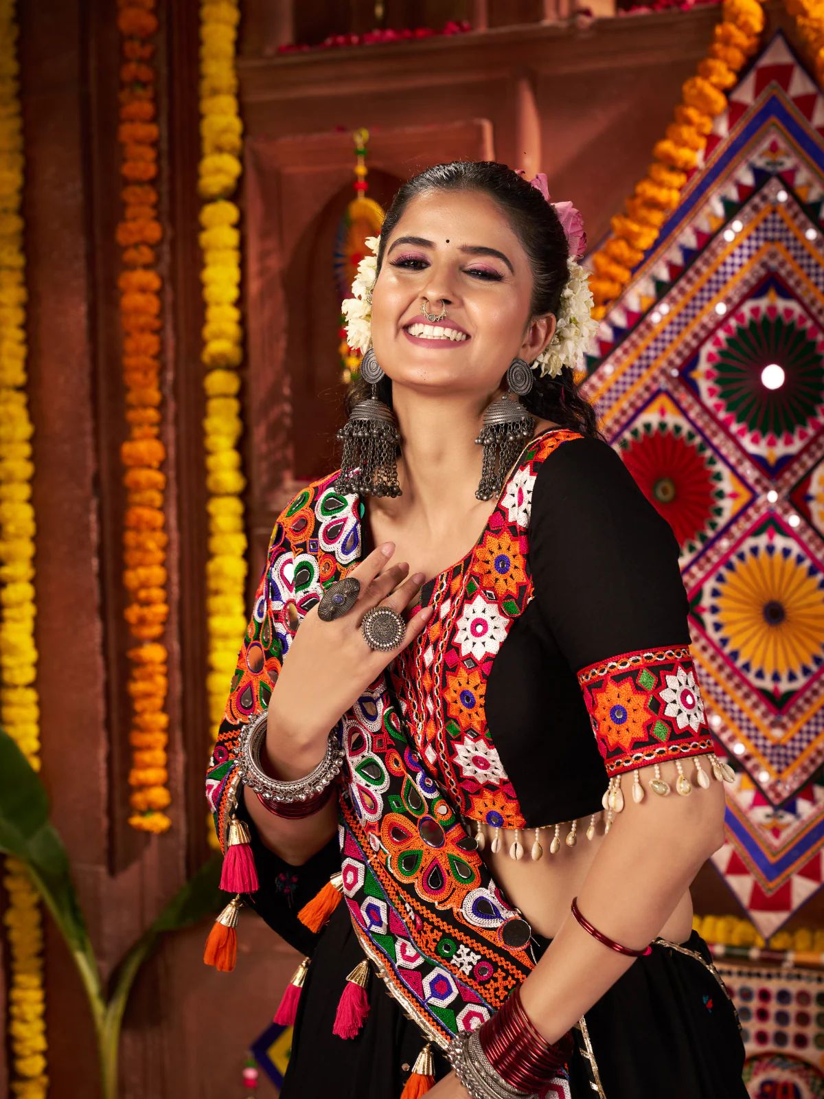Odette Black Cotton Blend Embroidered Semi-Stitched lehenga For Women - Image 4