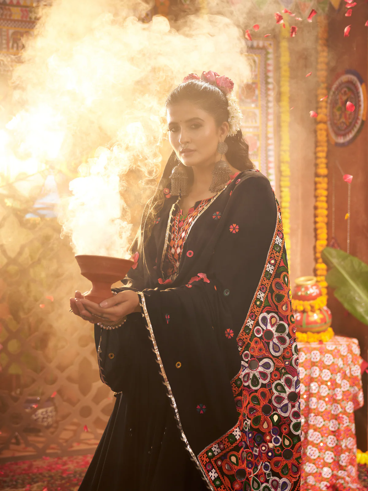 Odette Black Cotton Blend Embroidered Semi-Stitched lehenga For Women - Image 5