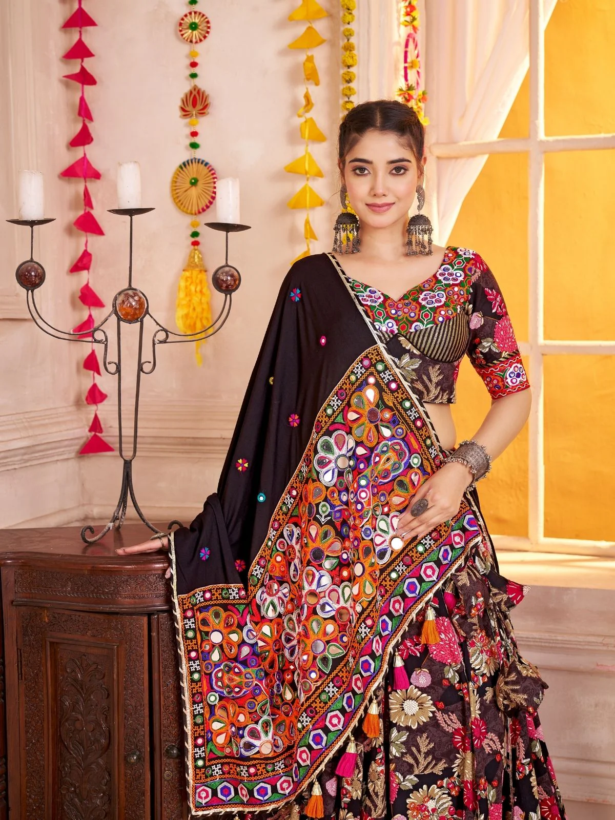 Odette Black Cotton Blend Embroidered Semi-Stitched Lehenga For Women - Image 4
