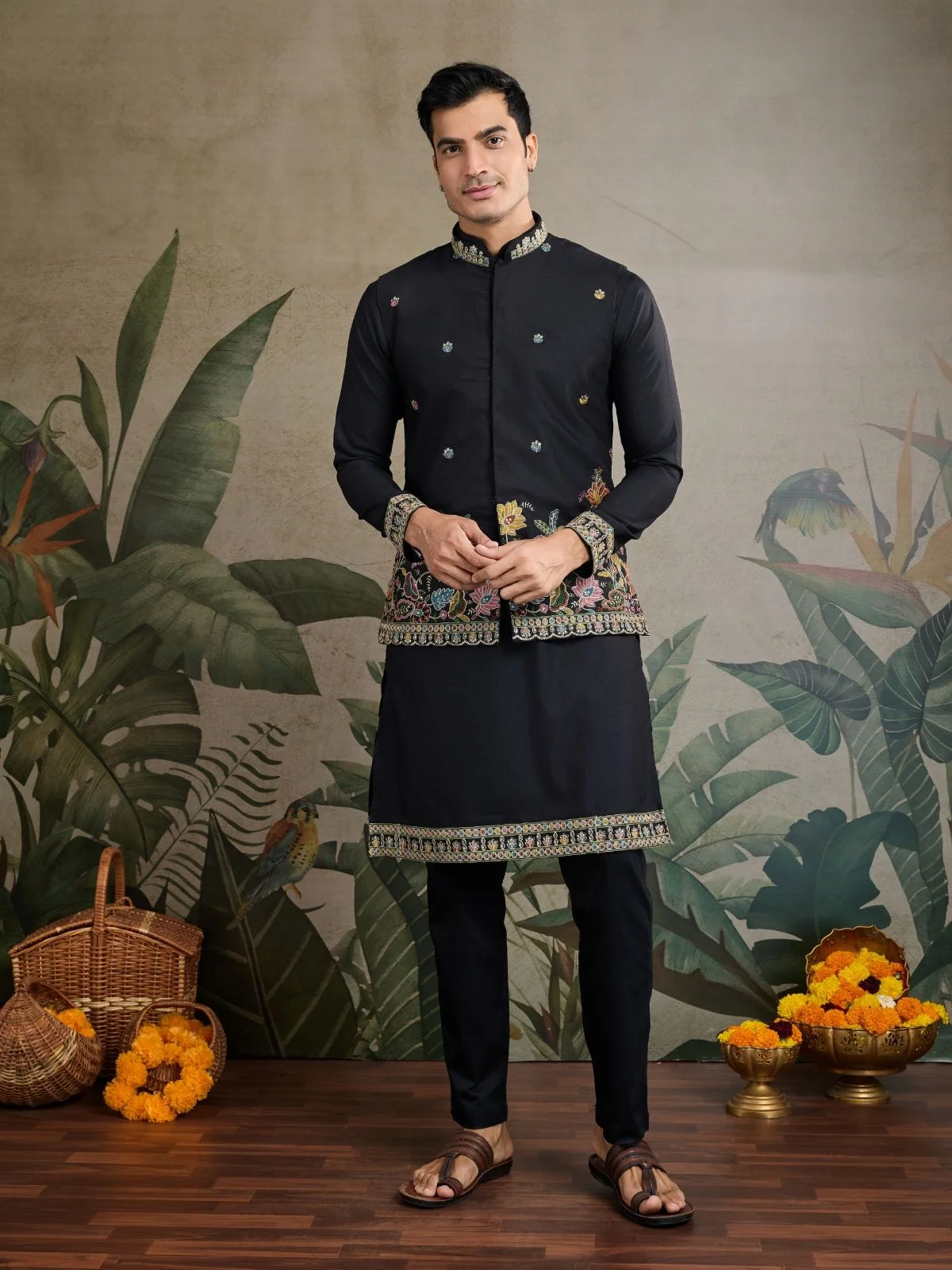 Odette Black Cotton Blend Embroidered Stitched Kurta For Men