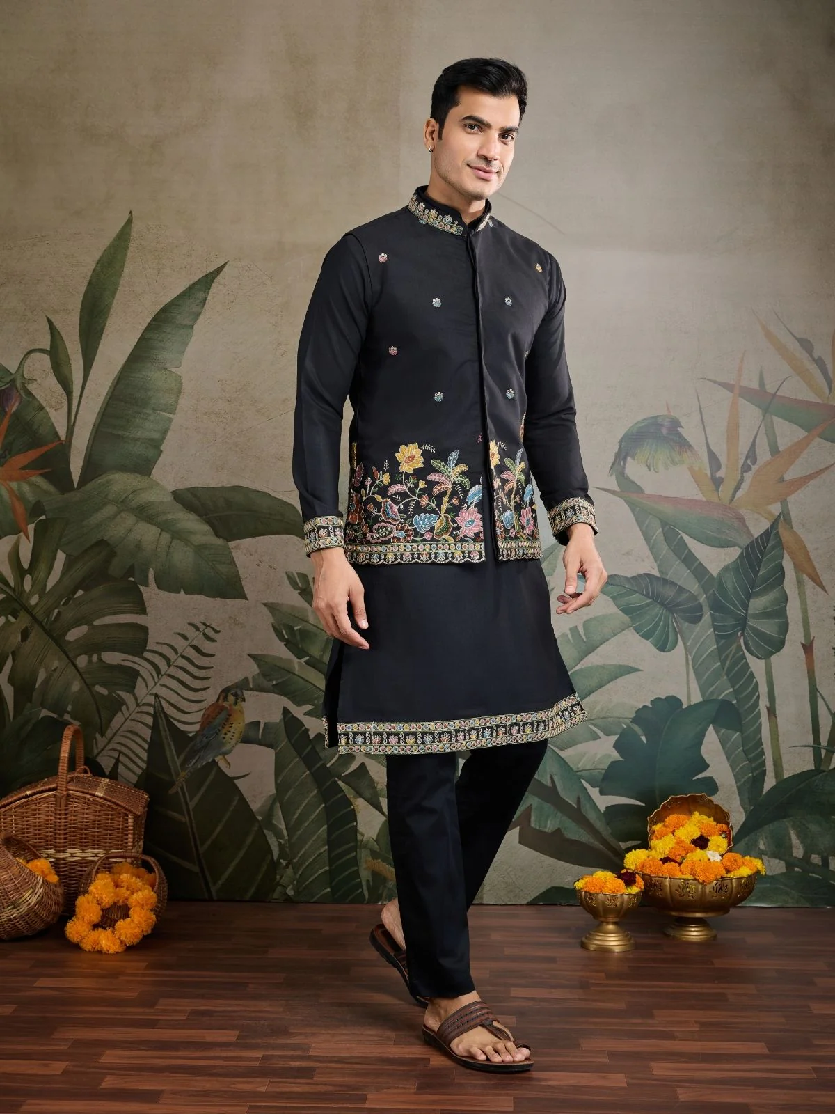 Odette Black Cotton Blend Embroidered Stitched Kurta For Men - Image 2