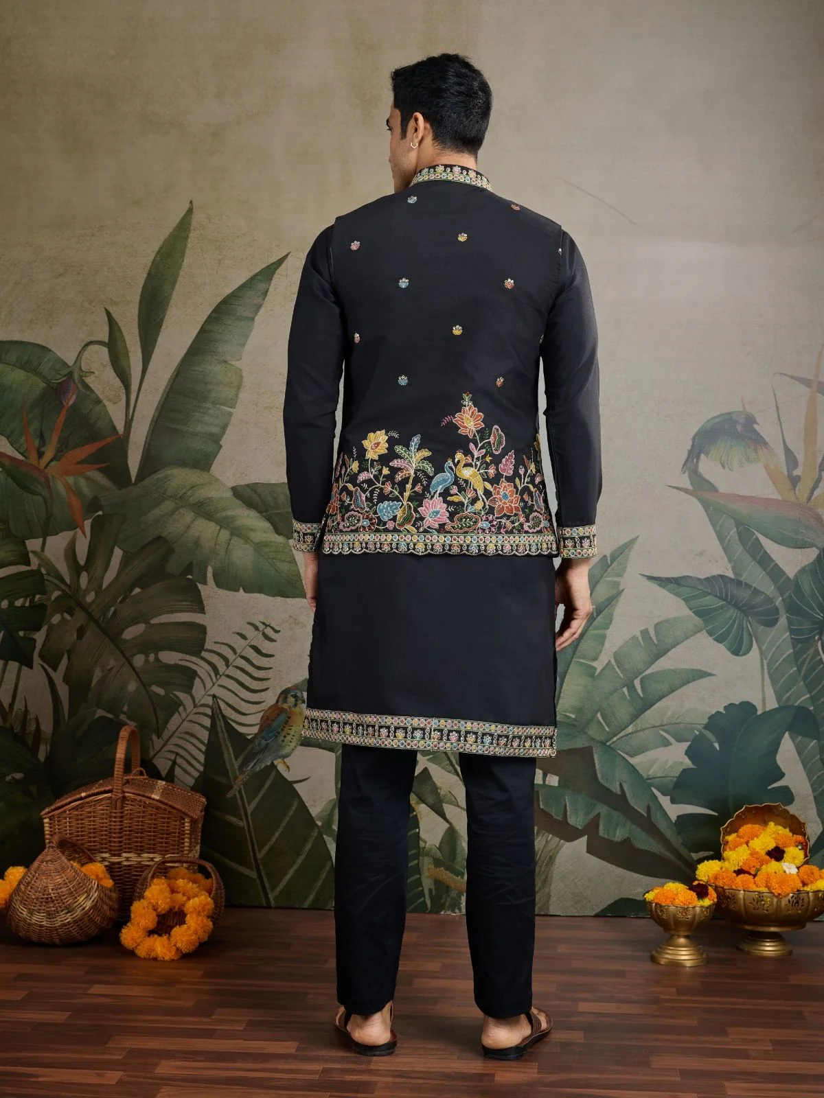 Odette Black Cotton Blend Embroidered Stitched Kurta For Men - Image 4