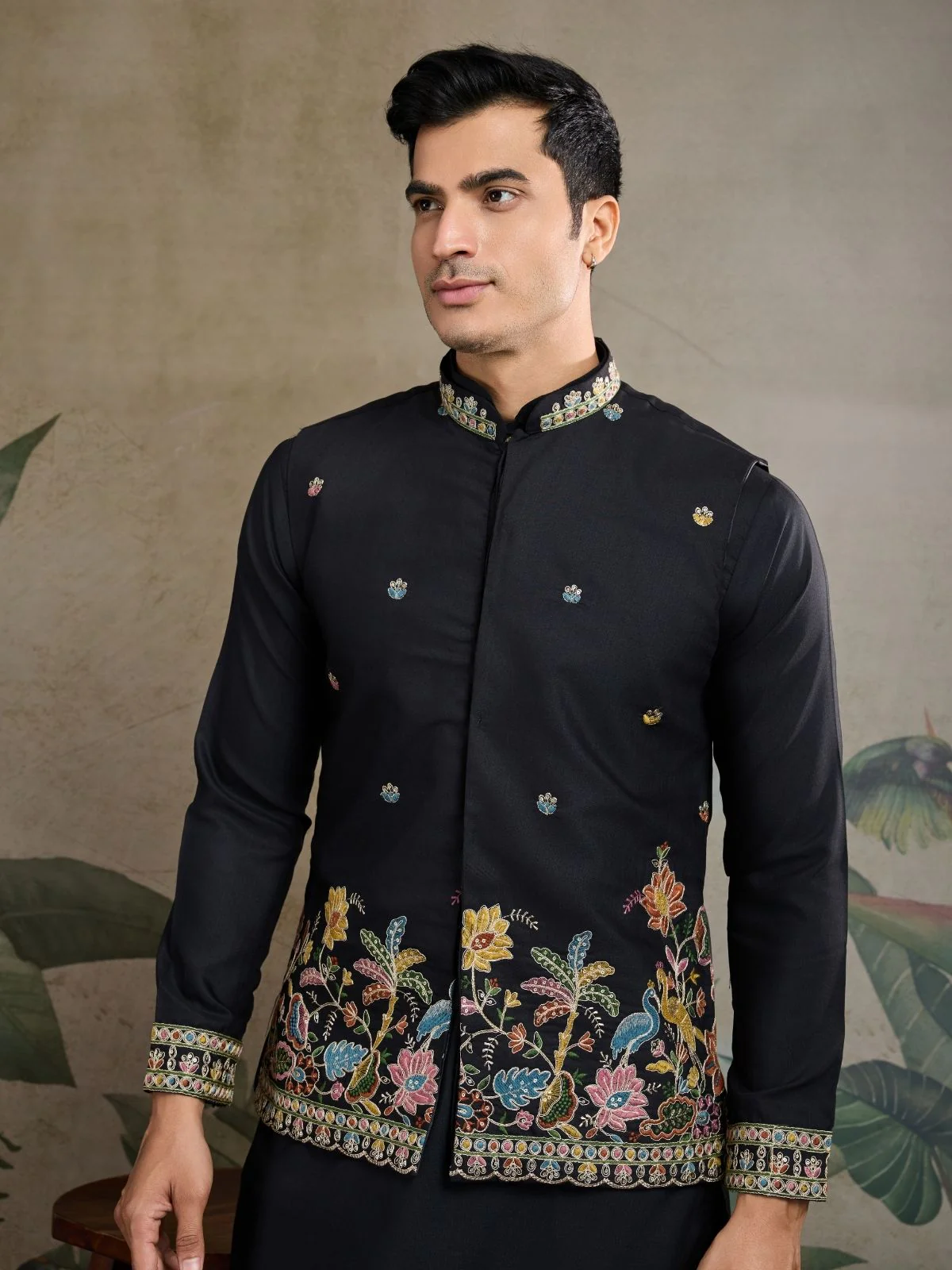 Odette Black Cotton Blend Embroidered Stitched Kurta For Men - Image 5