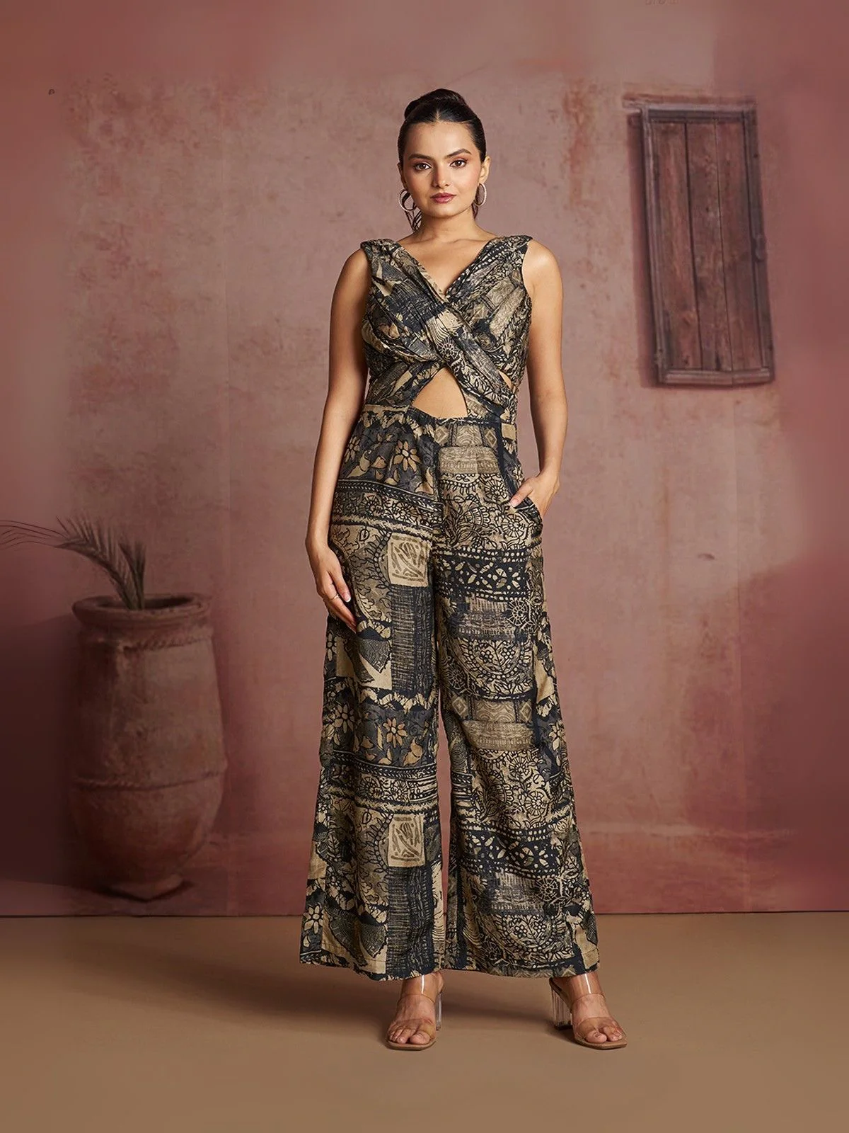 Odette Black Cotton Blend Printed Co-ord Set For Women