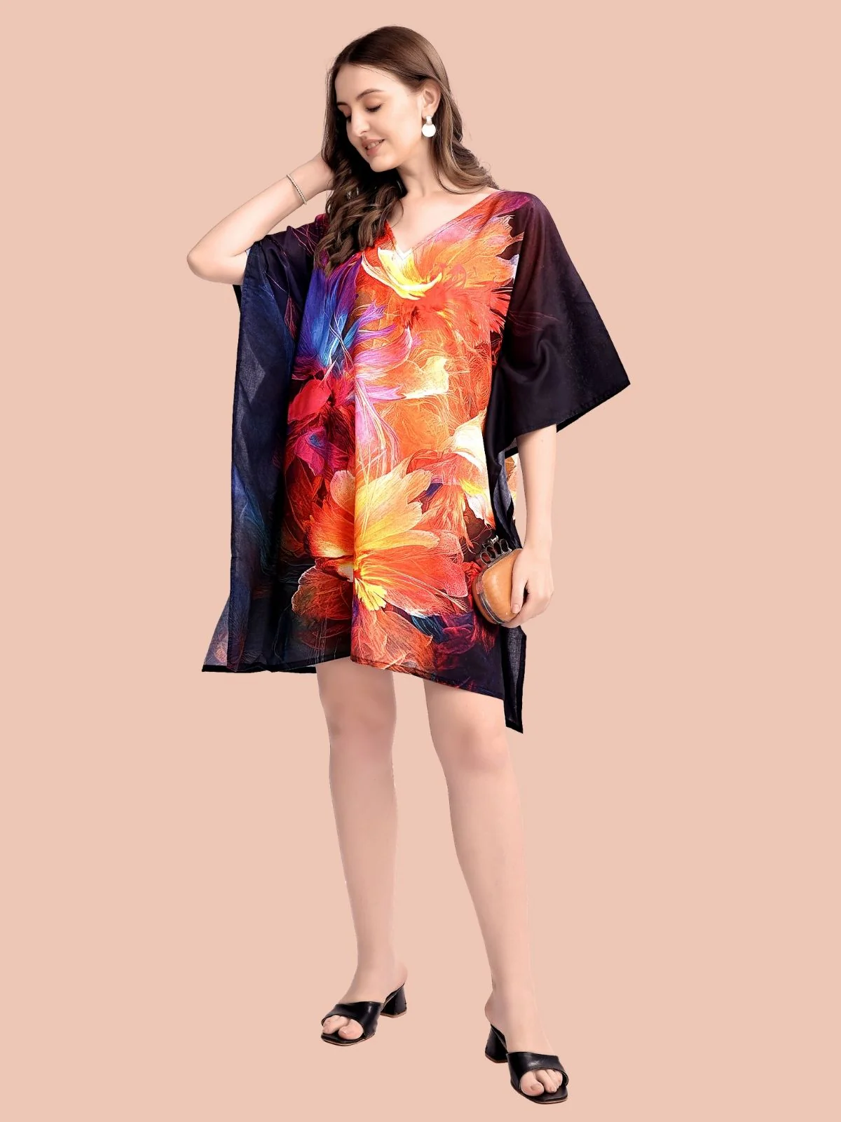 Odette Black Cotton Blend Printed Kaftan For Women