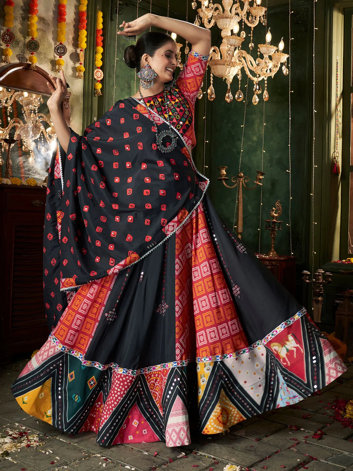 Odette Black Cotton Blend Printed Stitched Lehenga With Blouse For Women - Image 3
