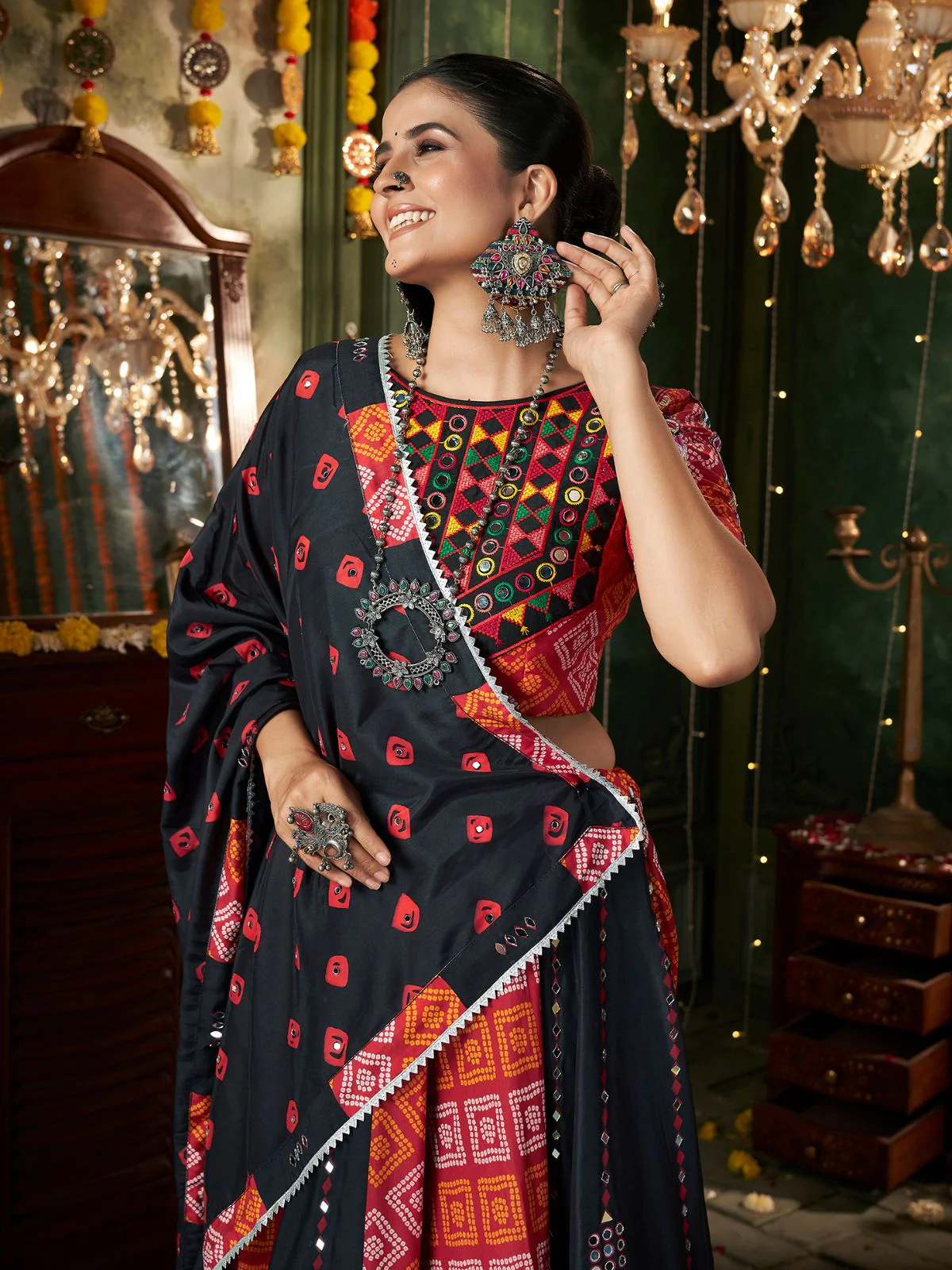 Odette Black Cotton Blend Printed Stitched Lehenga With Blouse For Women - Image 6